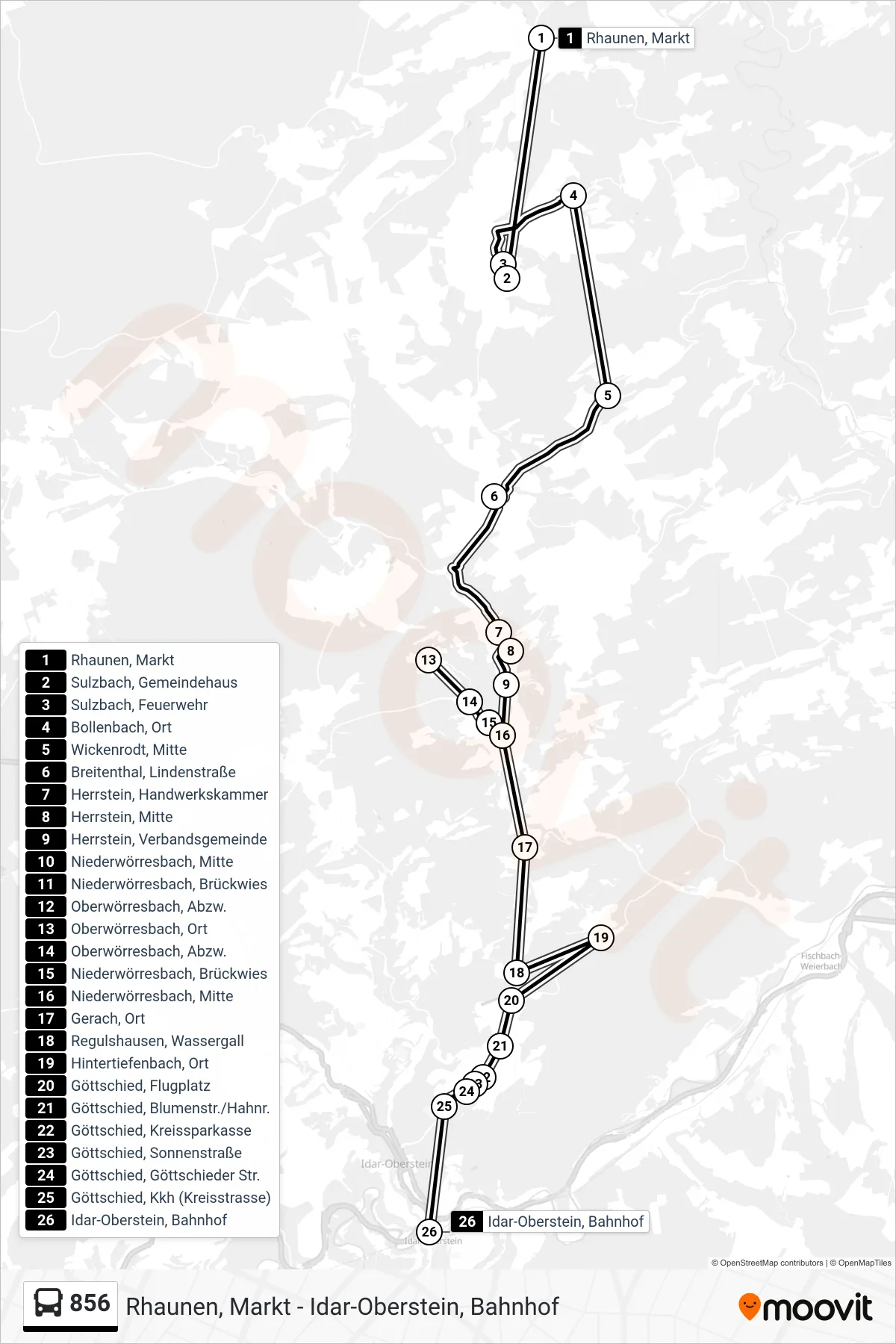 Linie 856 (Bus) Richtung Idar-Oberstein, Bahnhof: Route und Haltestellen auf der Karte