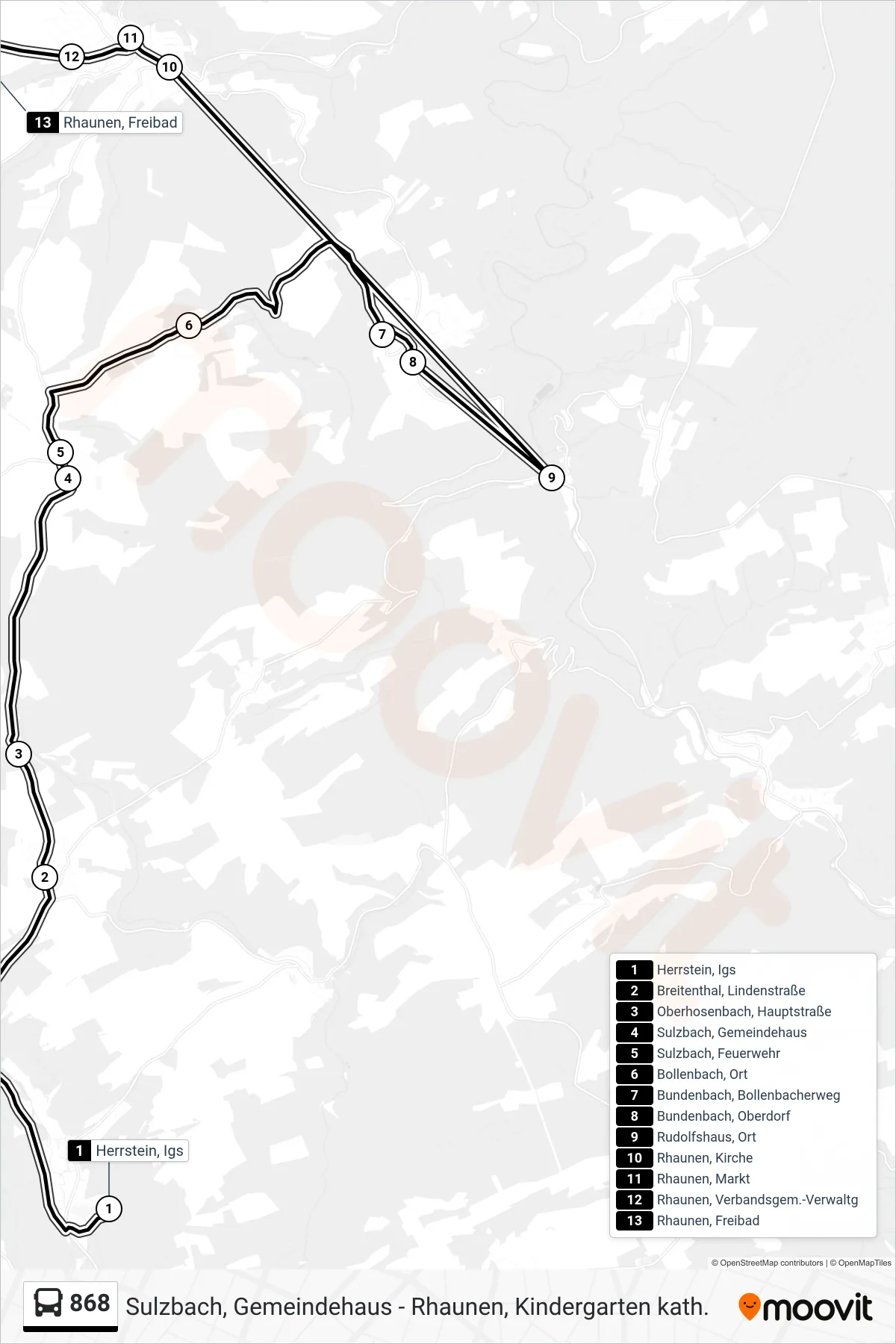868 bus Line (Rhaunen, Freibad) route and stops on a map