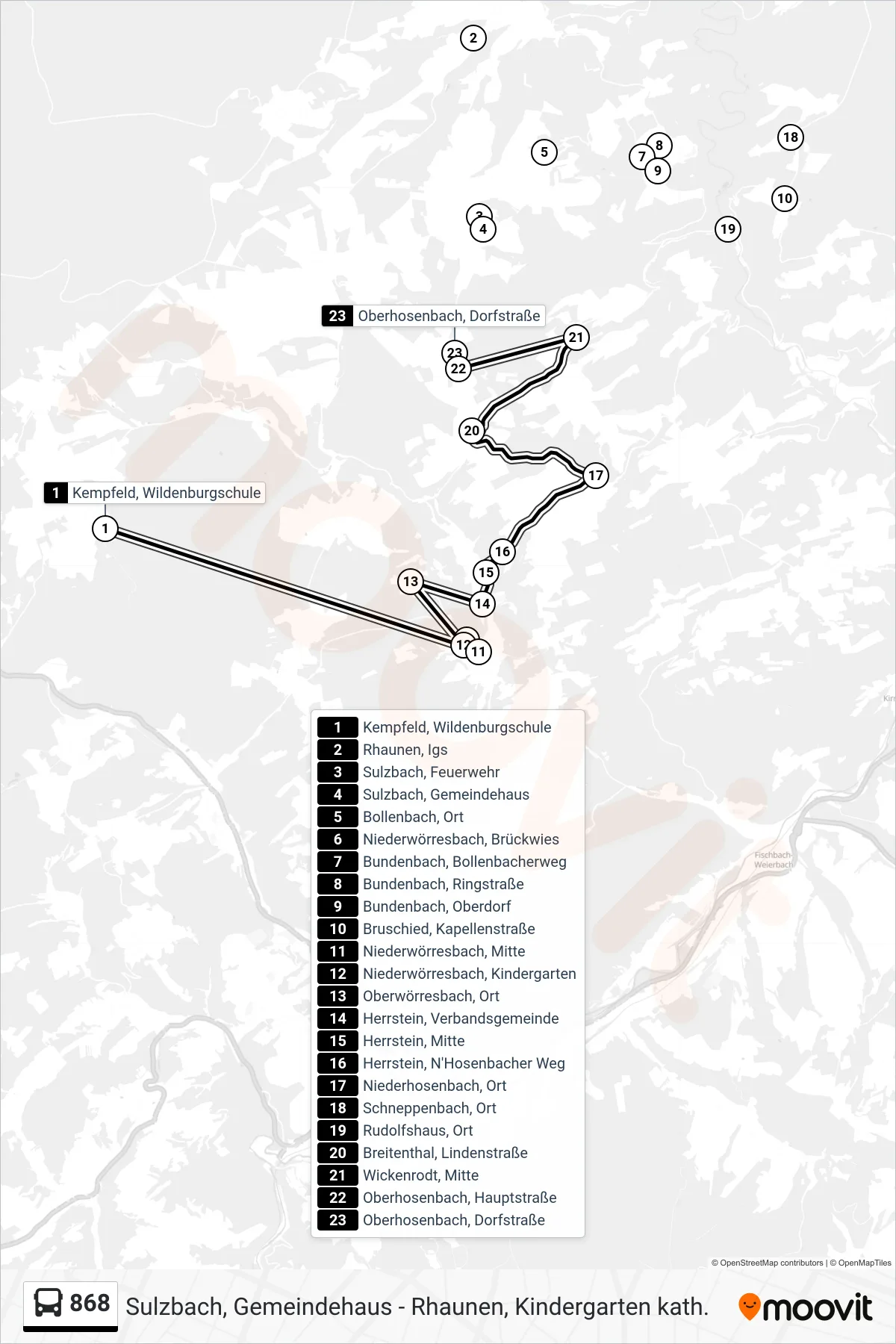 868 bus Line (Oberhosenbach, Dorfstraße) route and stops on a map
