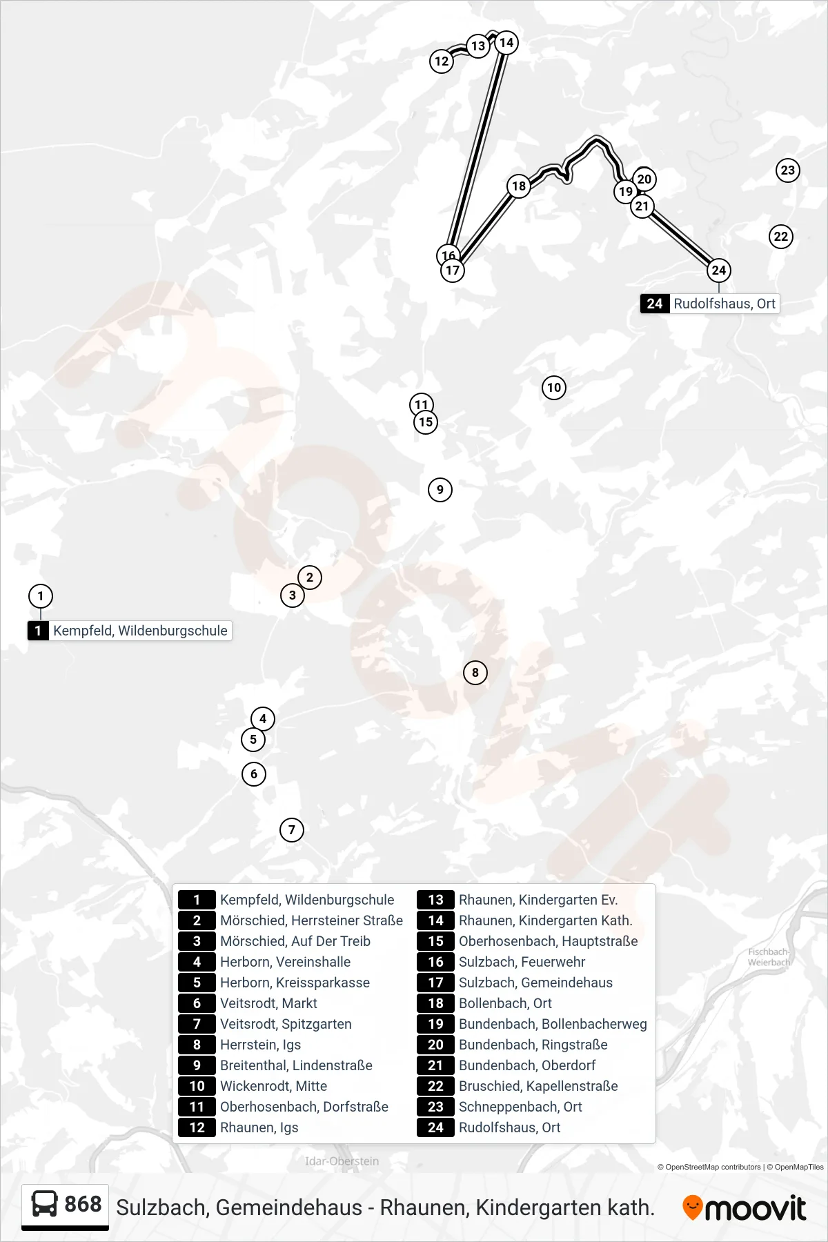 868 bus Line (Rudolfshaus, Ort) route and stops on a map