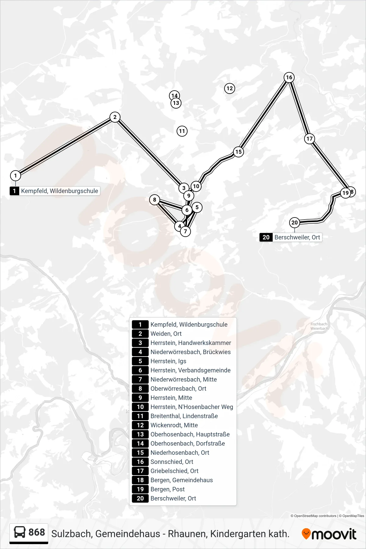 868 bus Line (Berschweiler, Ort) route and stops on a map