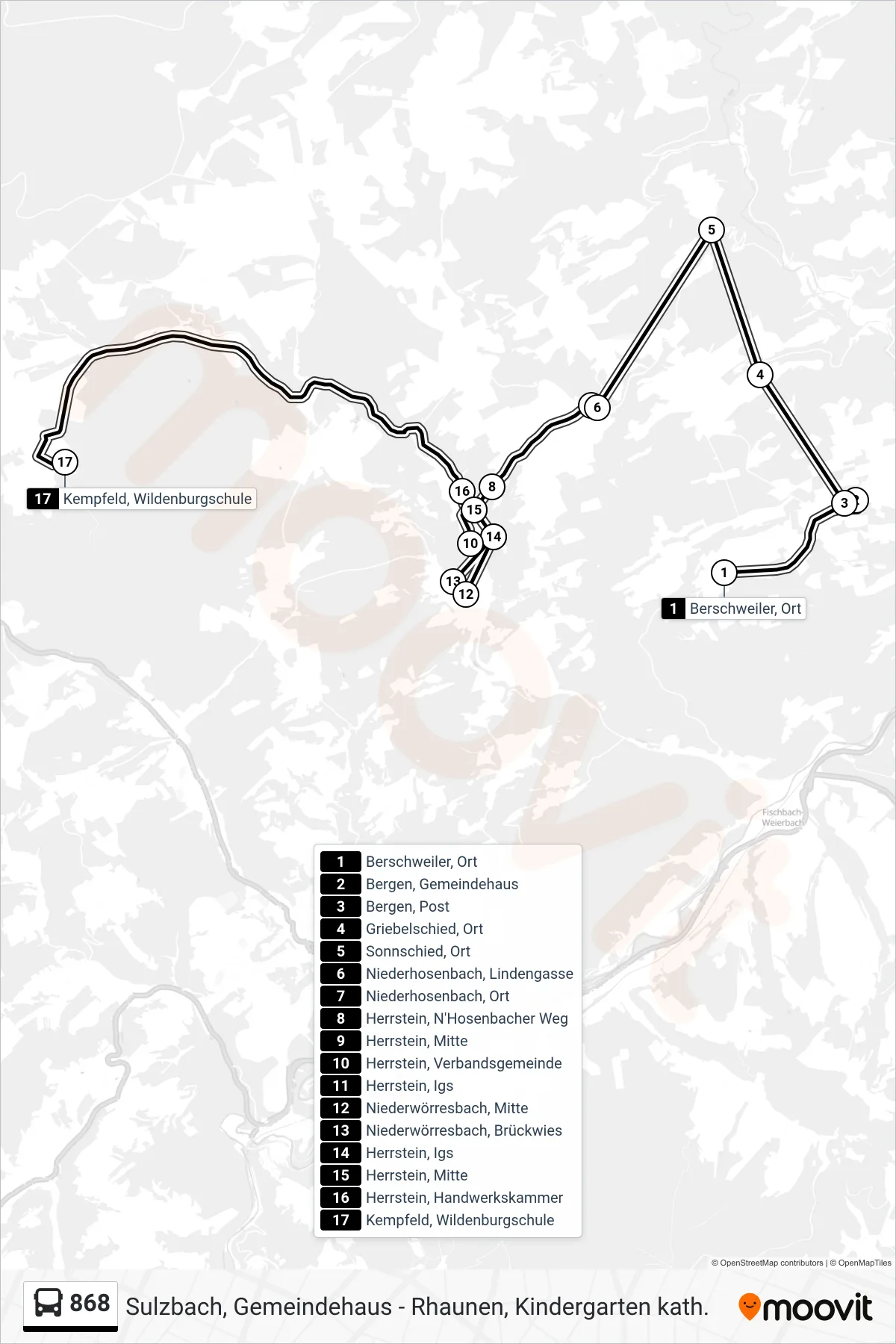 Linie 868 (Bus) Richtung Kempfeld, Wildenburgschule: Route und Haltestellen auf der Karte