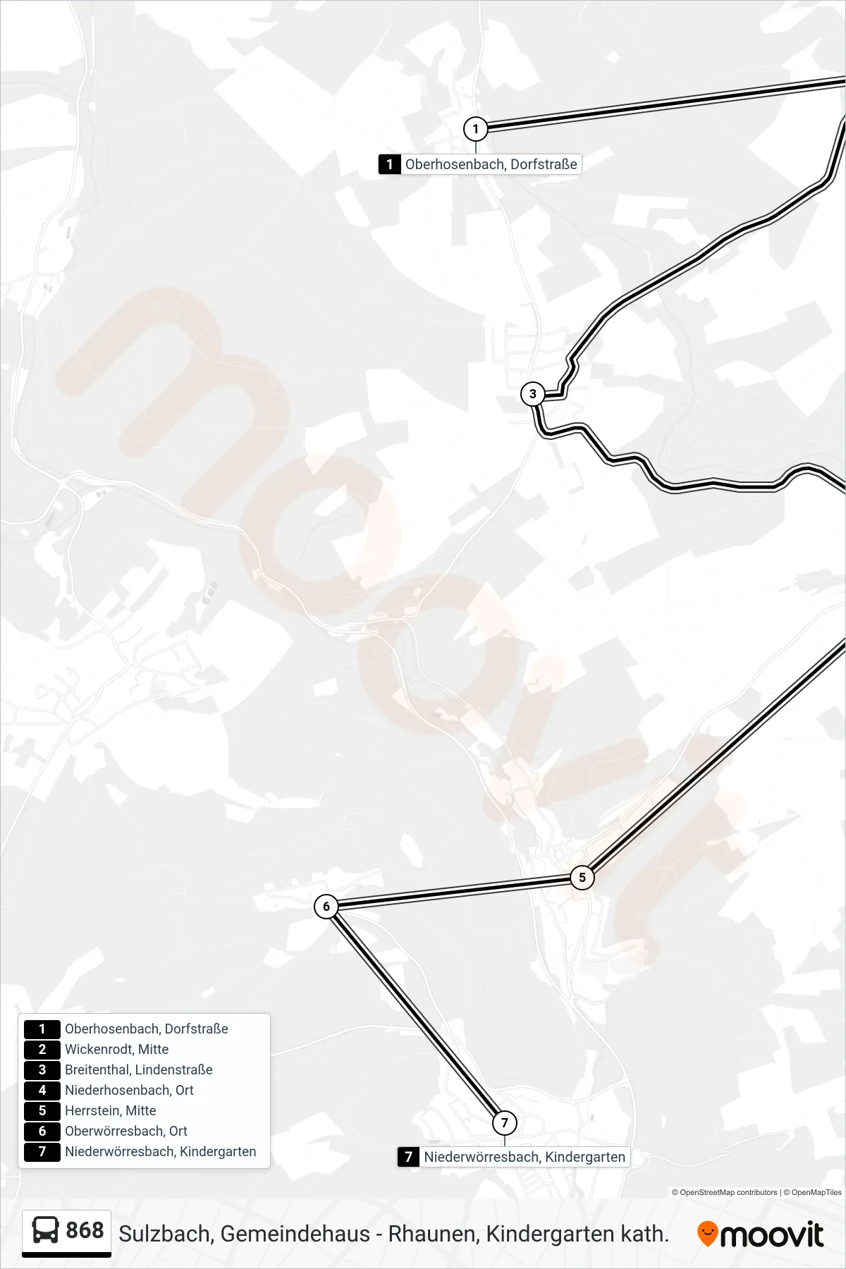 868 bus Line (Niederwörresbach, Kindergarten) route and stops on a map