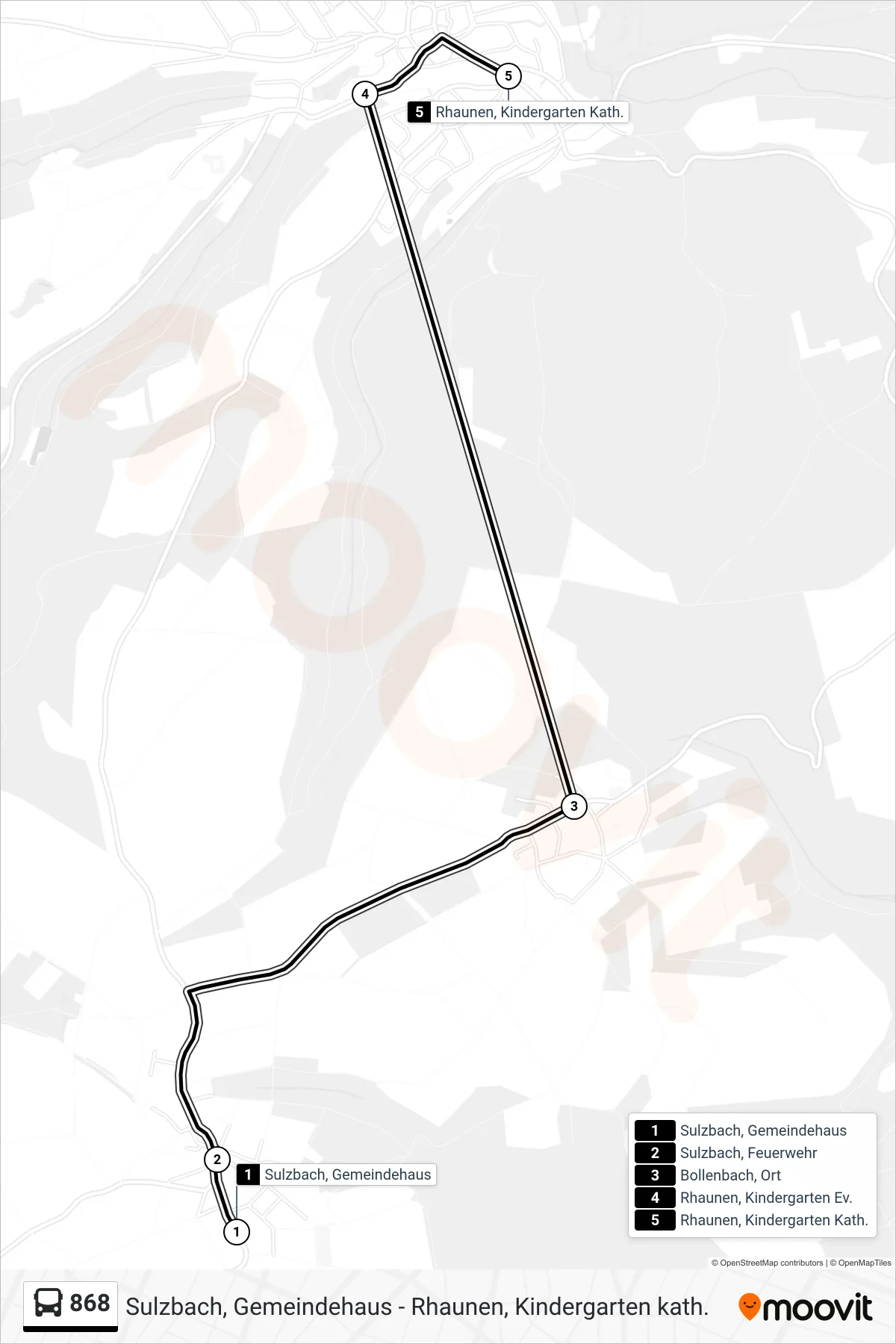 868 bus Line (Rhaunen, Kindergarten Kath.) route and stops on a map