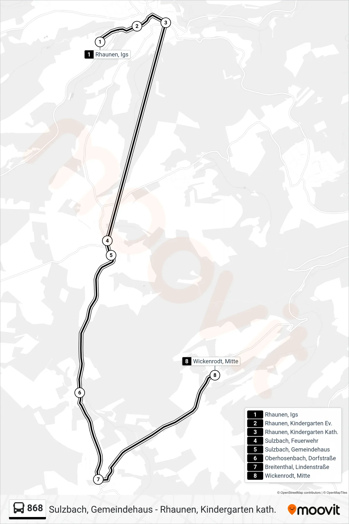 868 bus Line (Wickenrodt, Mitte) route and stops on a map