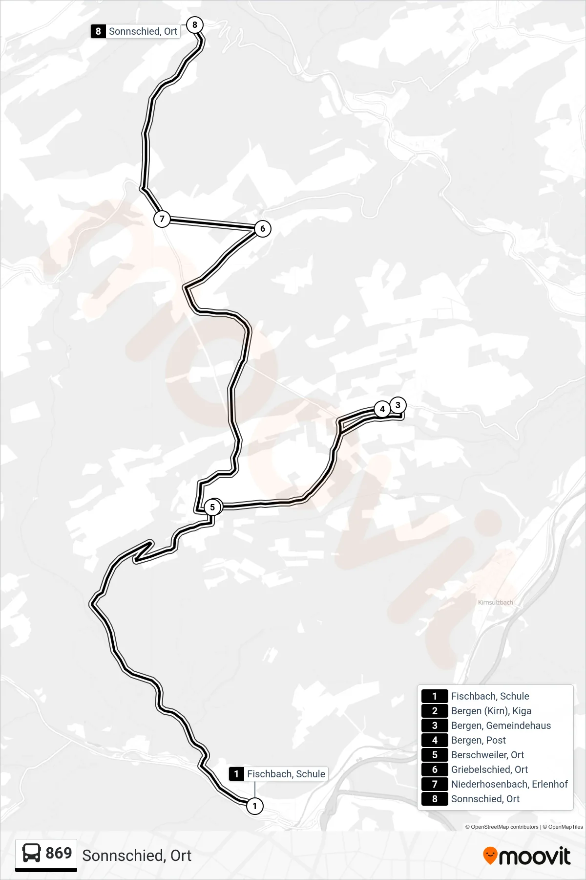 869 bus Line (Sonnschied, Ort) route and stops on a map