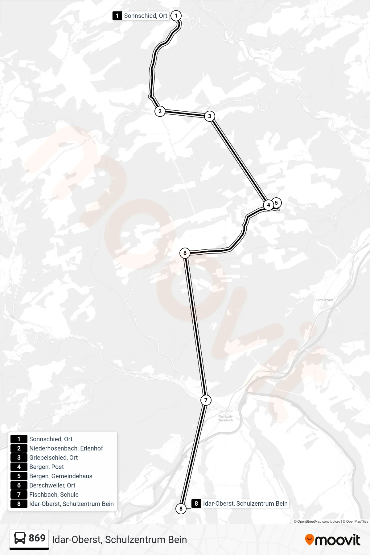 869 bus Line (Idar-Oberst, Schulzentrum Bein) route and stops on a map