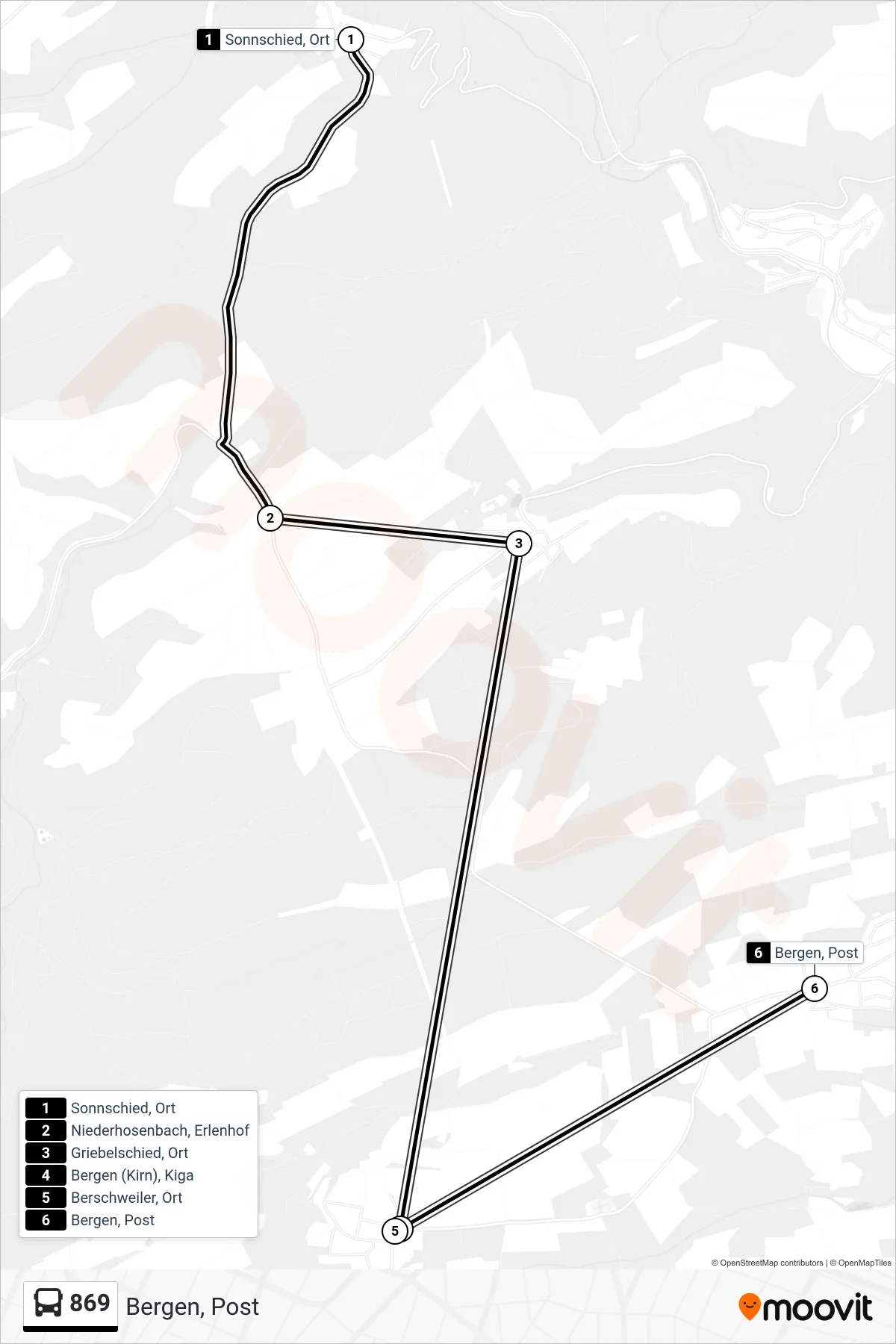 869 bus Line (Bergen, Post) route and stops on a map