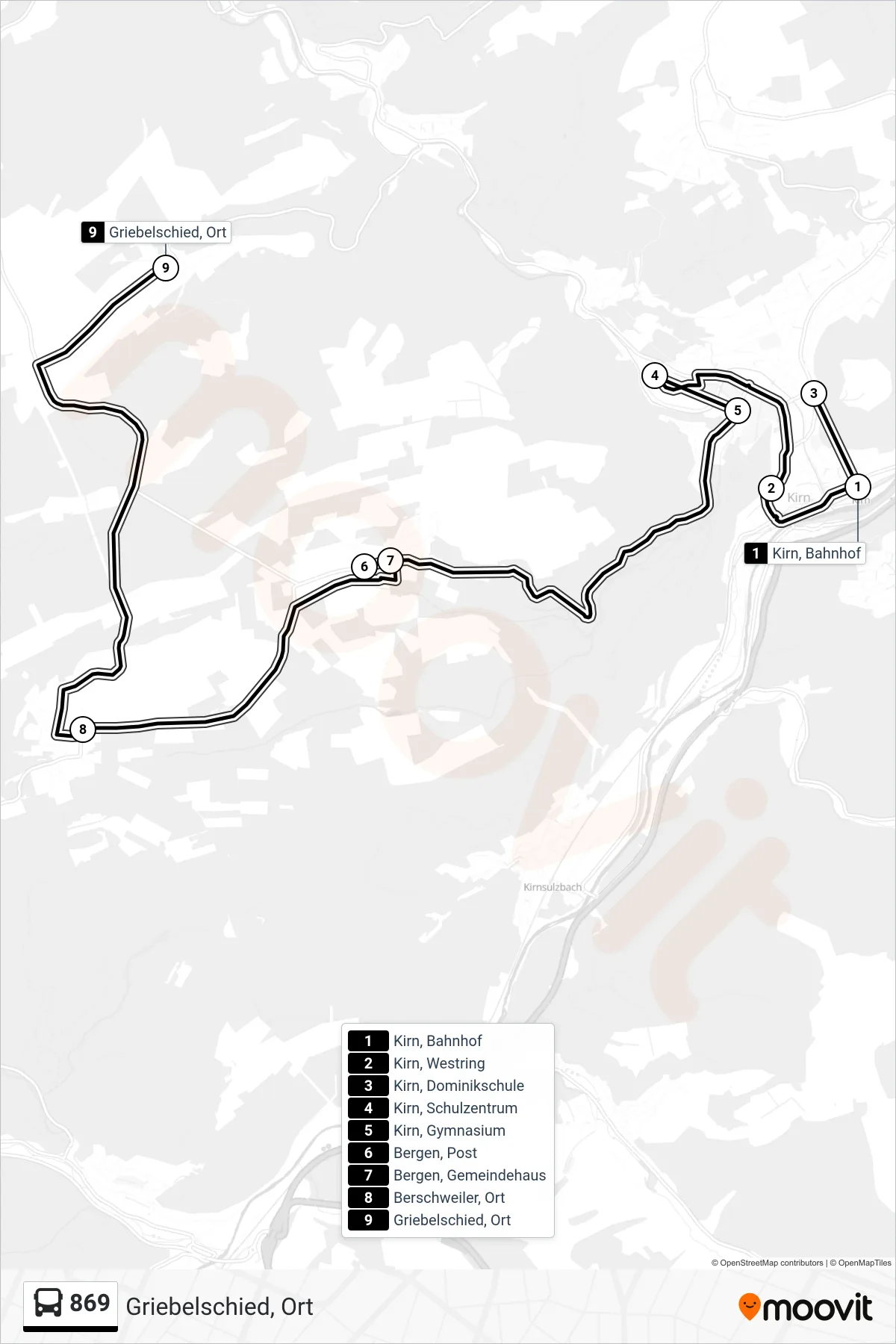 869 bus Line (Griebelschied, Ort) route and stops on a map