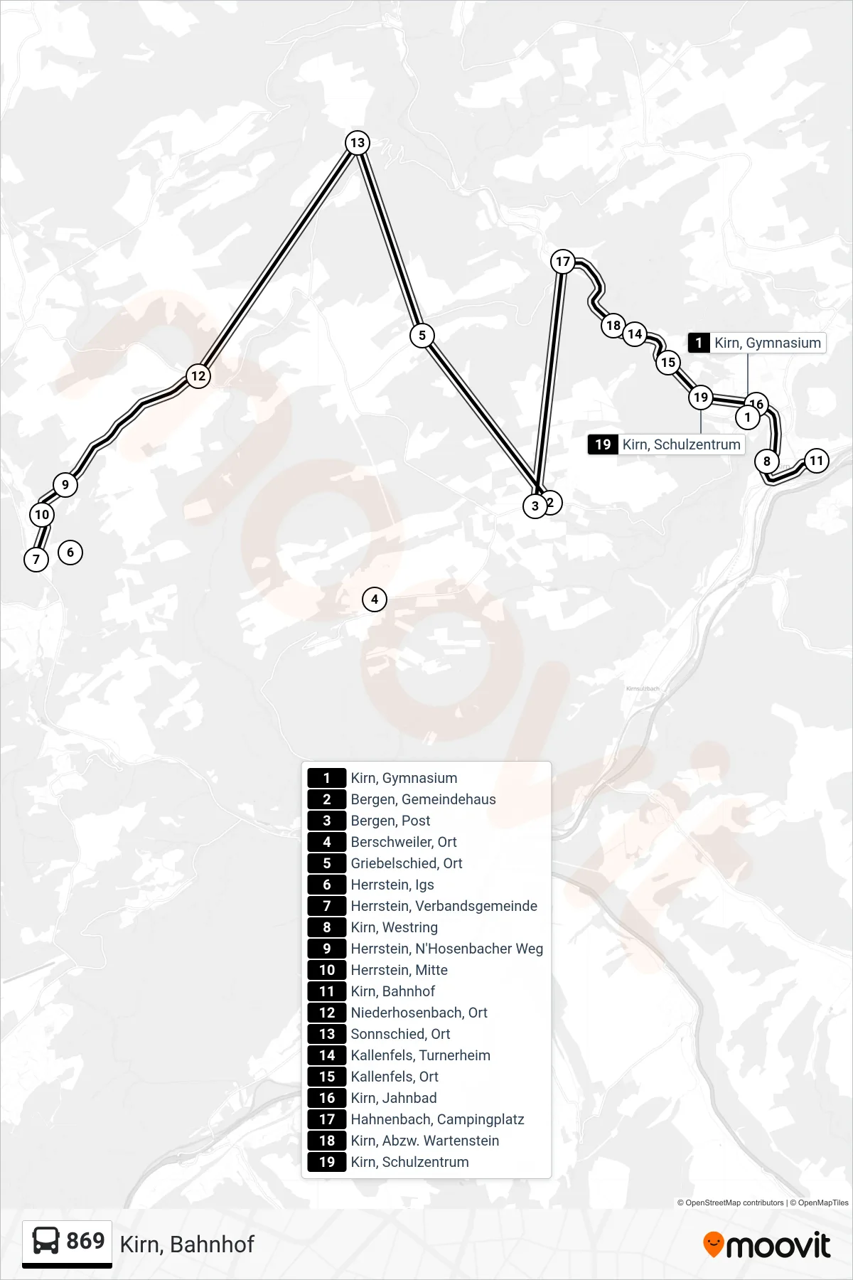 869 bus Line (Kirn, Bahnhof) route and stops on a map
