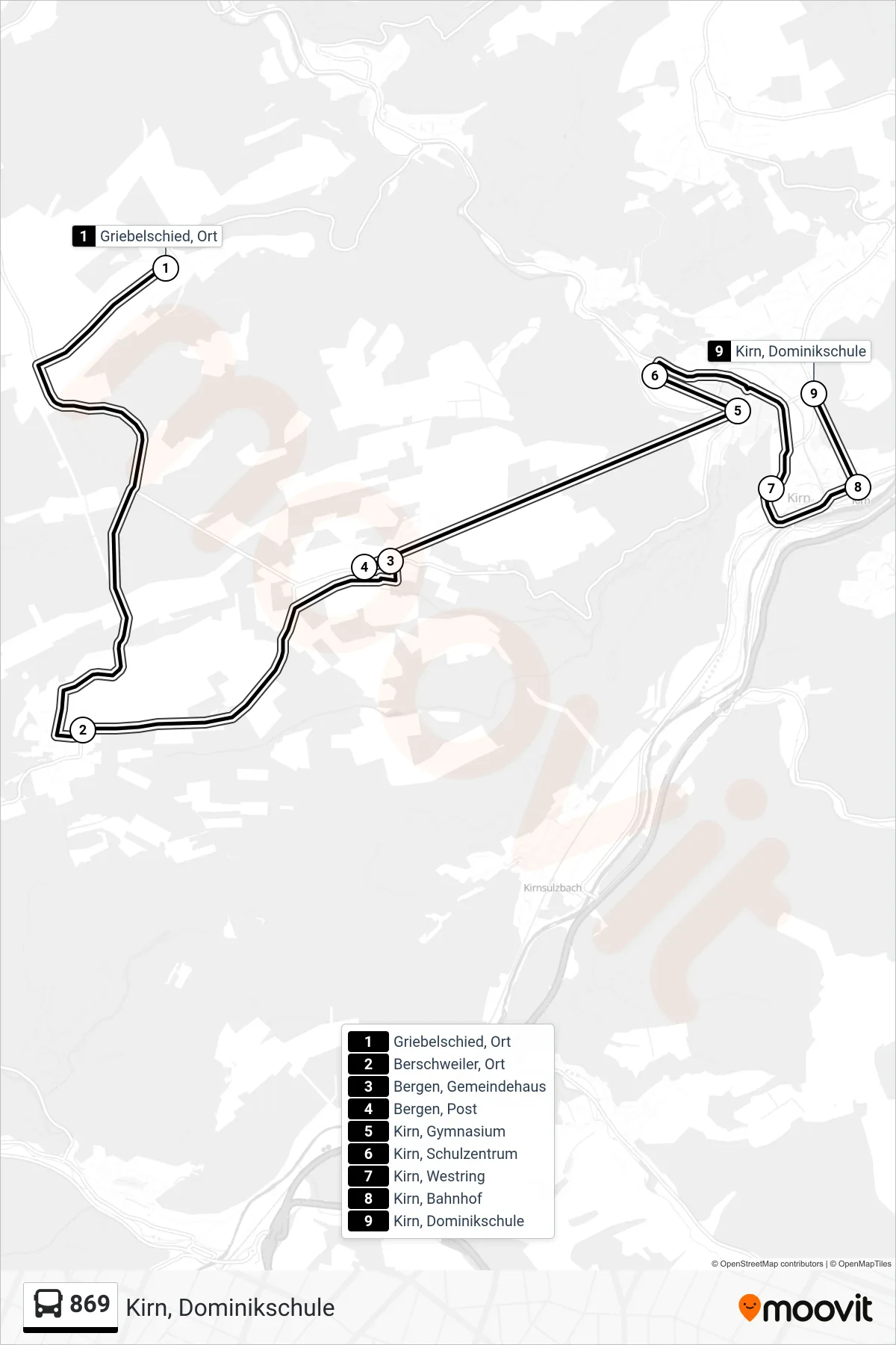 869 bus Line (Kirn, Dominikschule) route and stops on a map