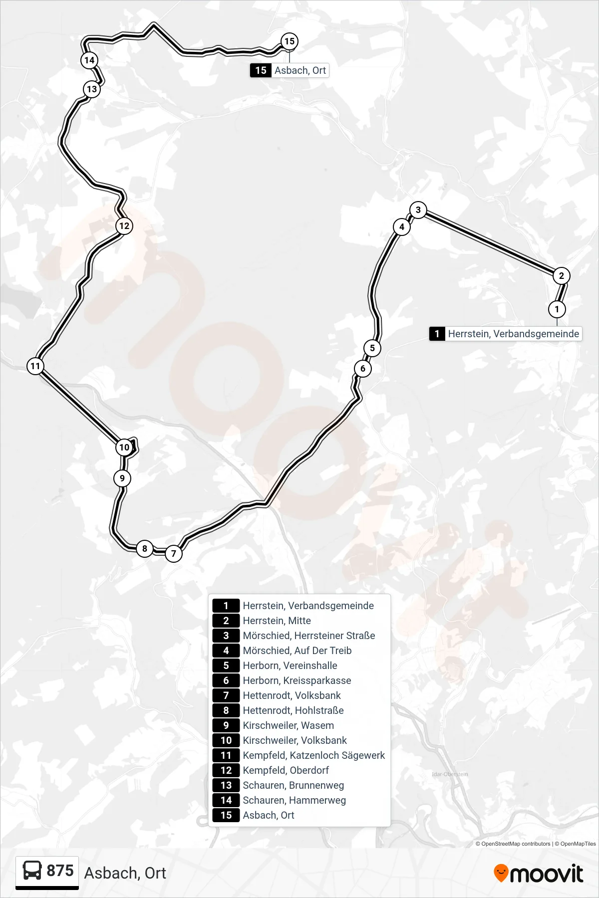 875 bus Line (Asbach, Ort) route and stops on a map