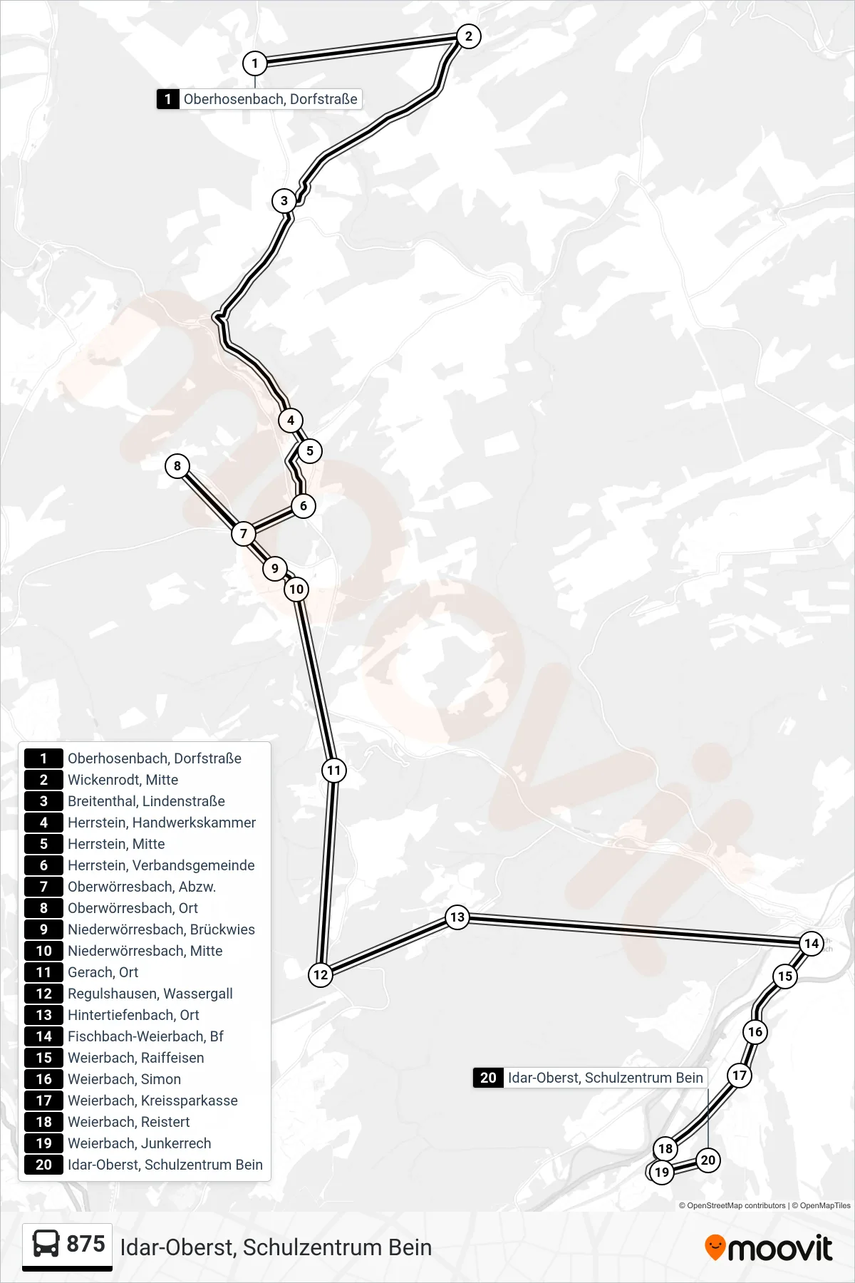 875 bus Line (Idar-Oberst, Schulzentrum Bein) route and stops on a map