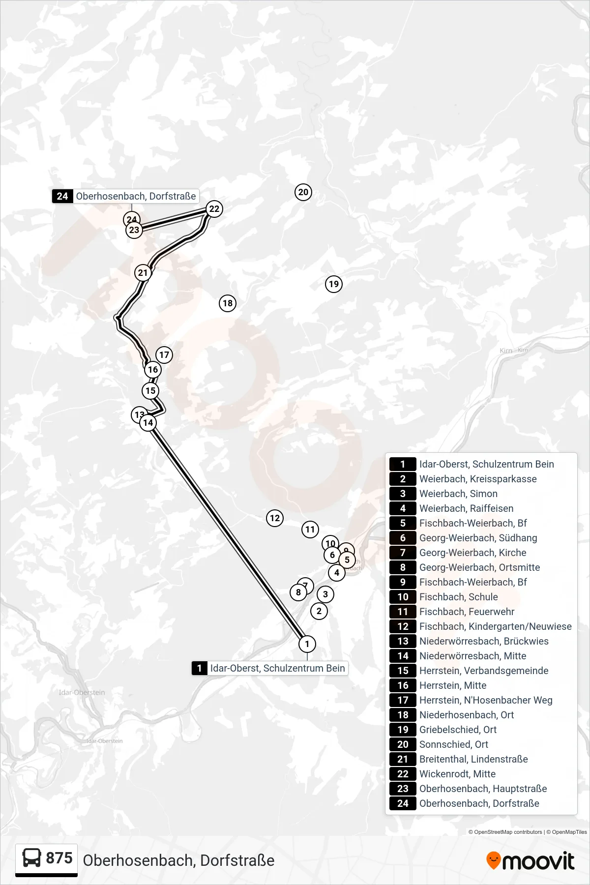875 bus Line (Oberhosenbach, Dorfstraße) route and stops on a map