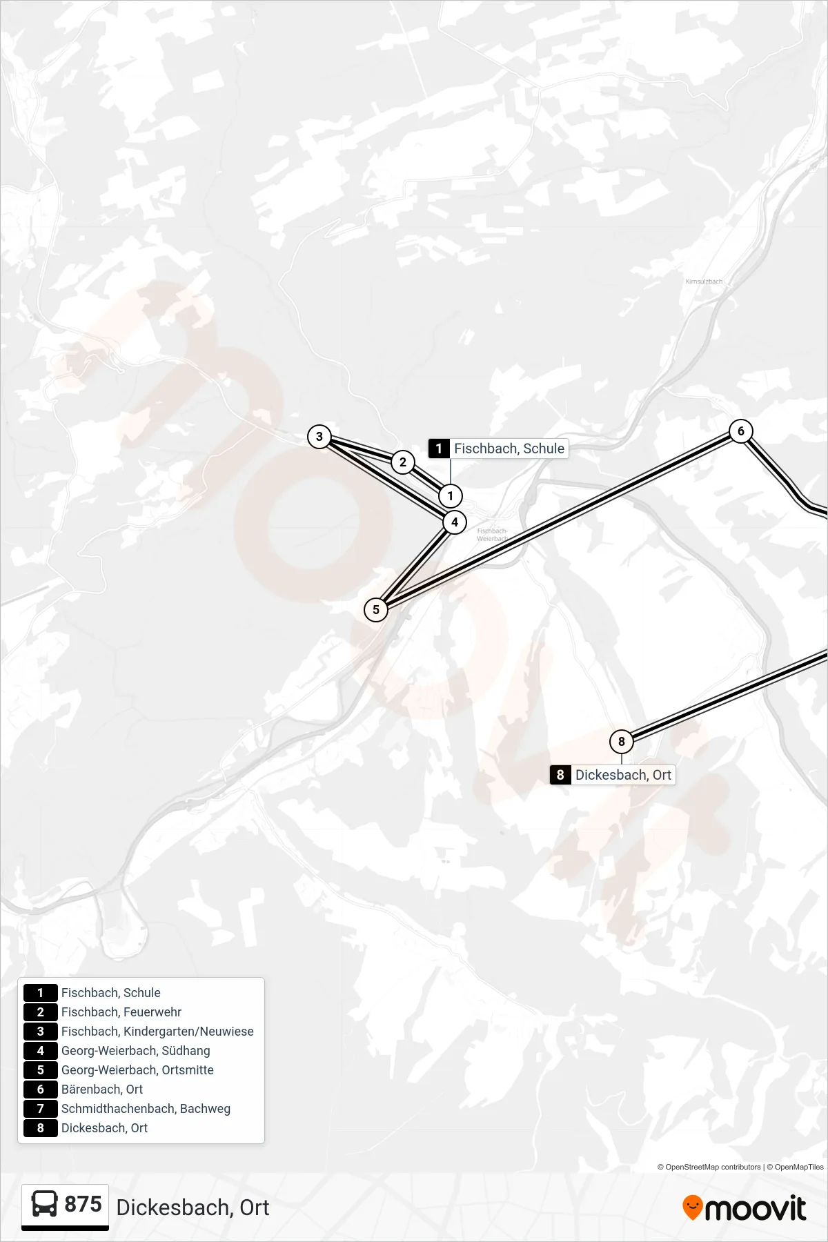 875 bus Line (Dickesbach, Ort) route and stops on a map