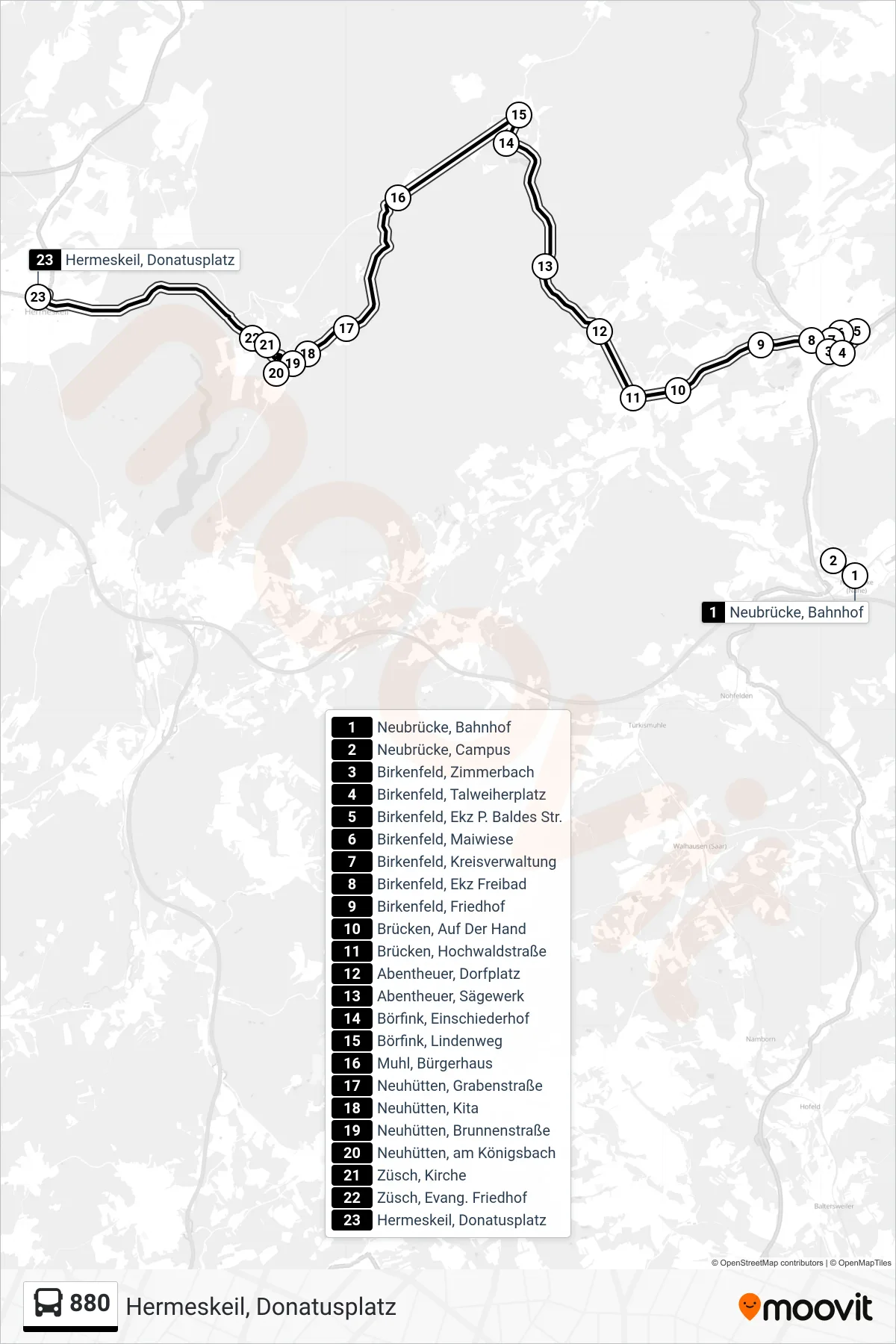Linie 880 (Bus) Richtung Hermeskeil, Donatusplatz: Route und Haltestellen auf der Karte
