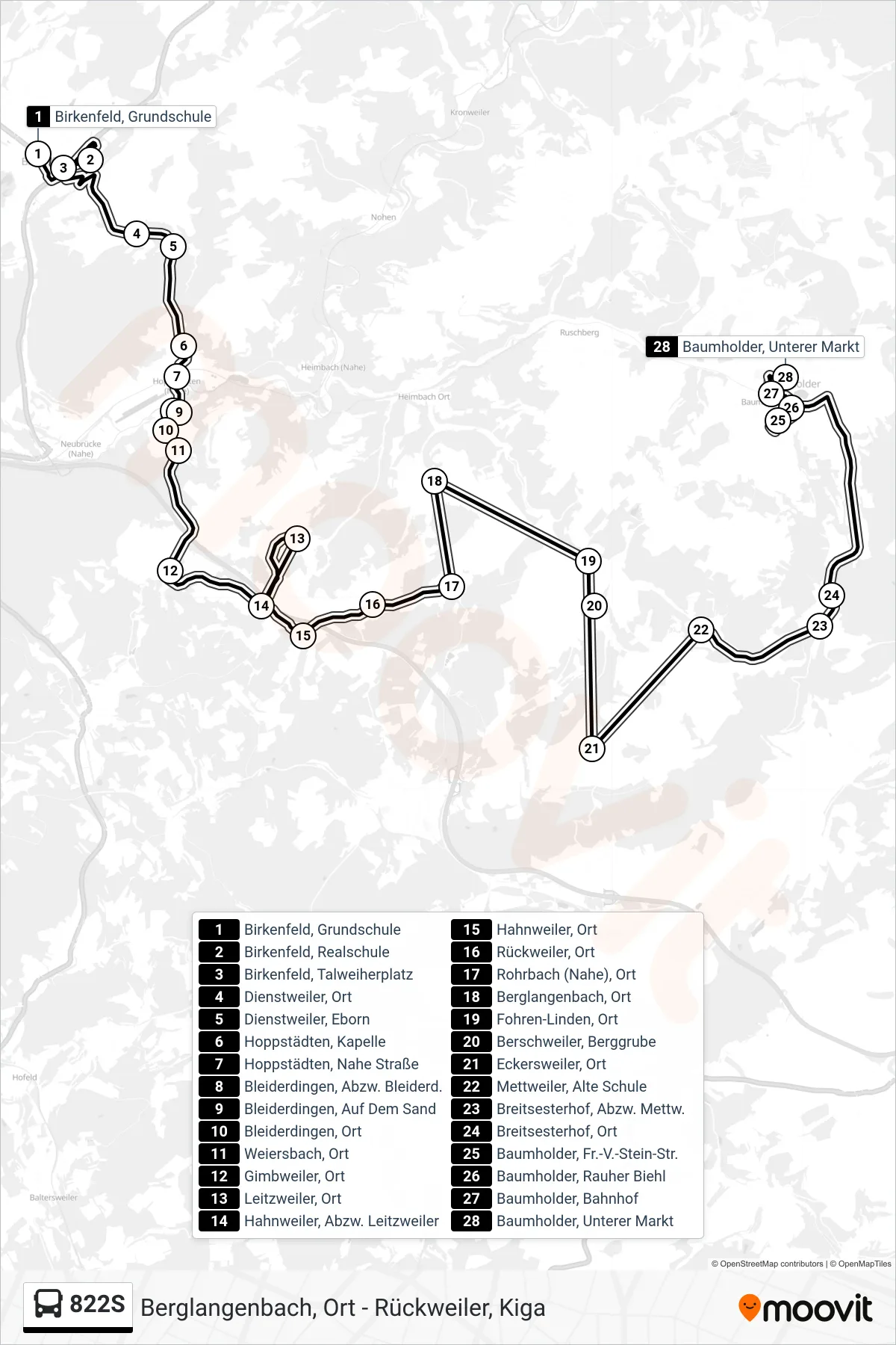 822S bus Line (Baumholder, Unterer Markt) route and stops on a map
