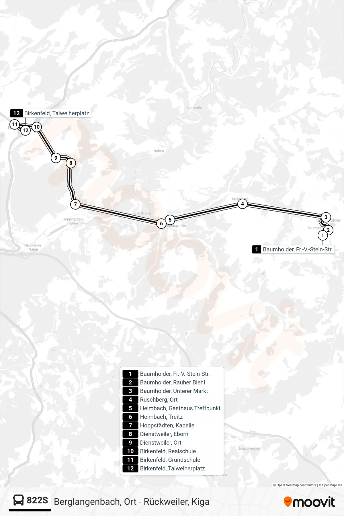 822S bus Line (Birkenfeld, Talweiherplatz) route and stops on a map
