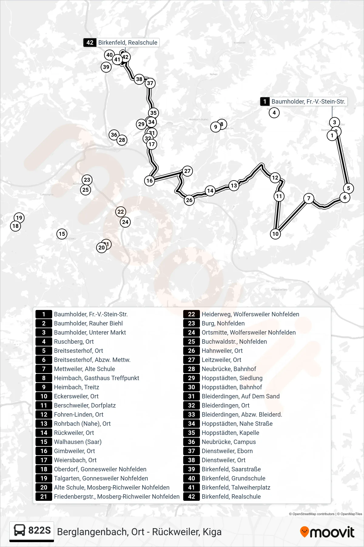 822S bus Line (Birkenfeld, Realschule) route and stops on a map