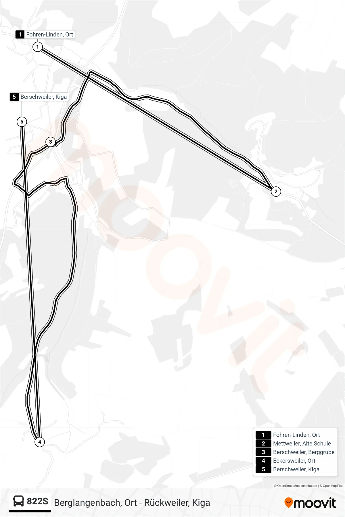 822S bus Line (Berschweiler, Kiga) route and stops on a map