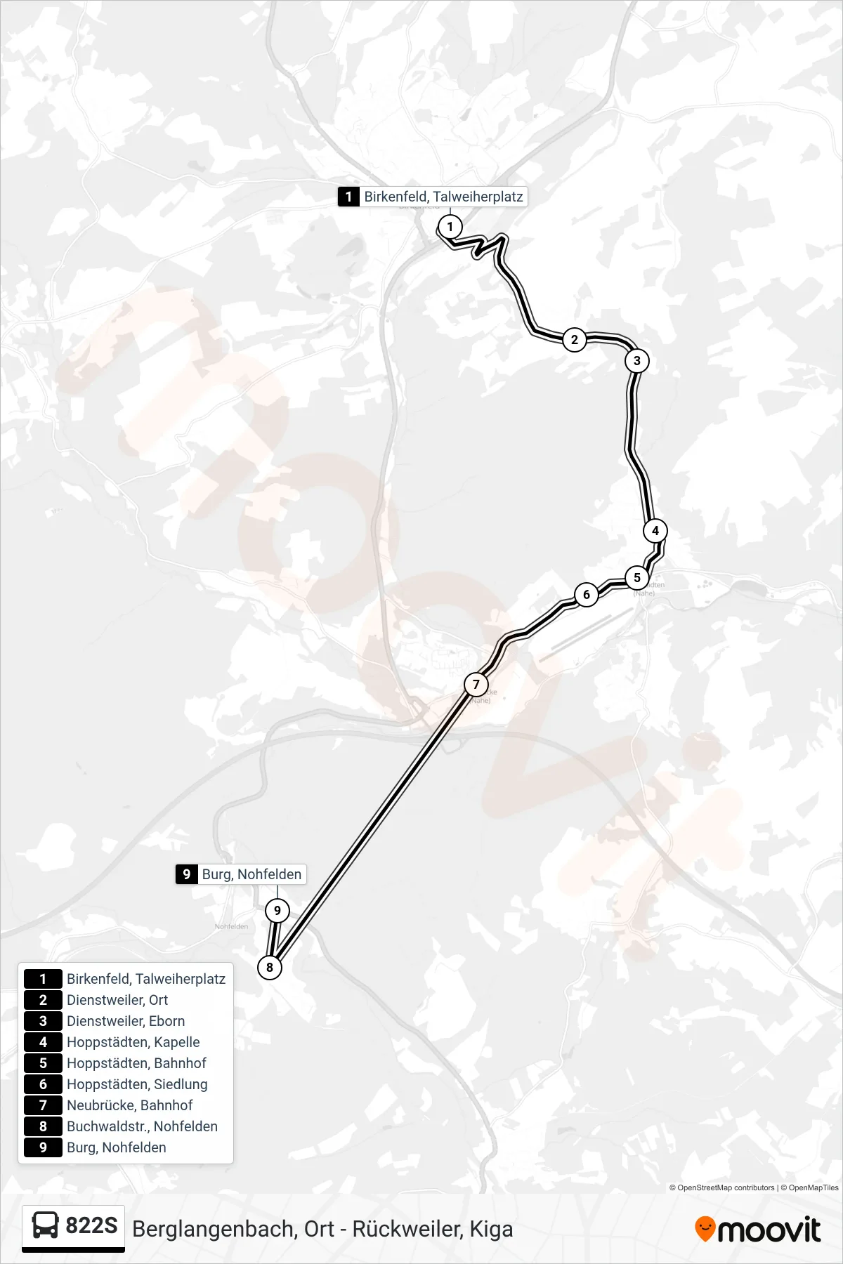 822S bus Line (Burg, Nohfelden) route and stops on a map