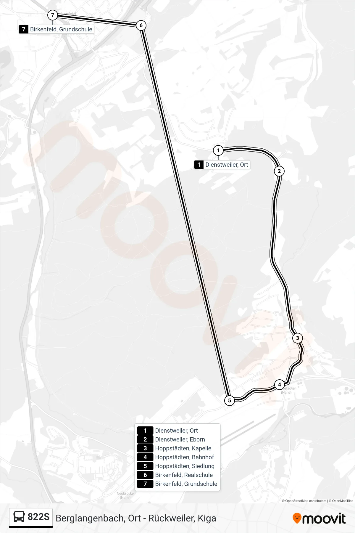 822S bus Line (Birkenfeld, Grundschule) route and stops on a map