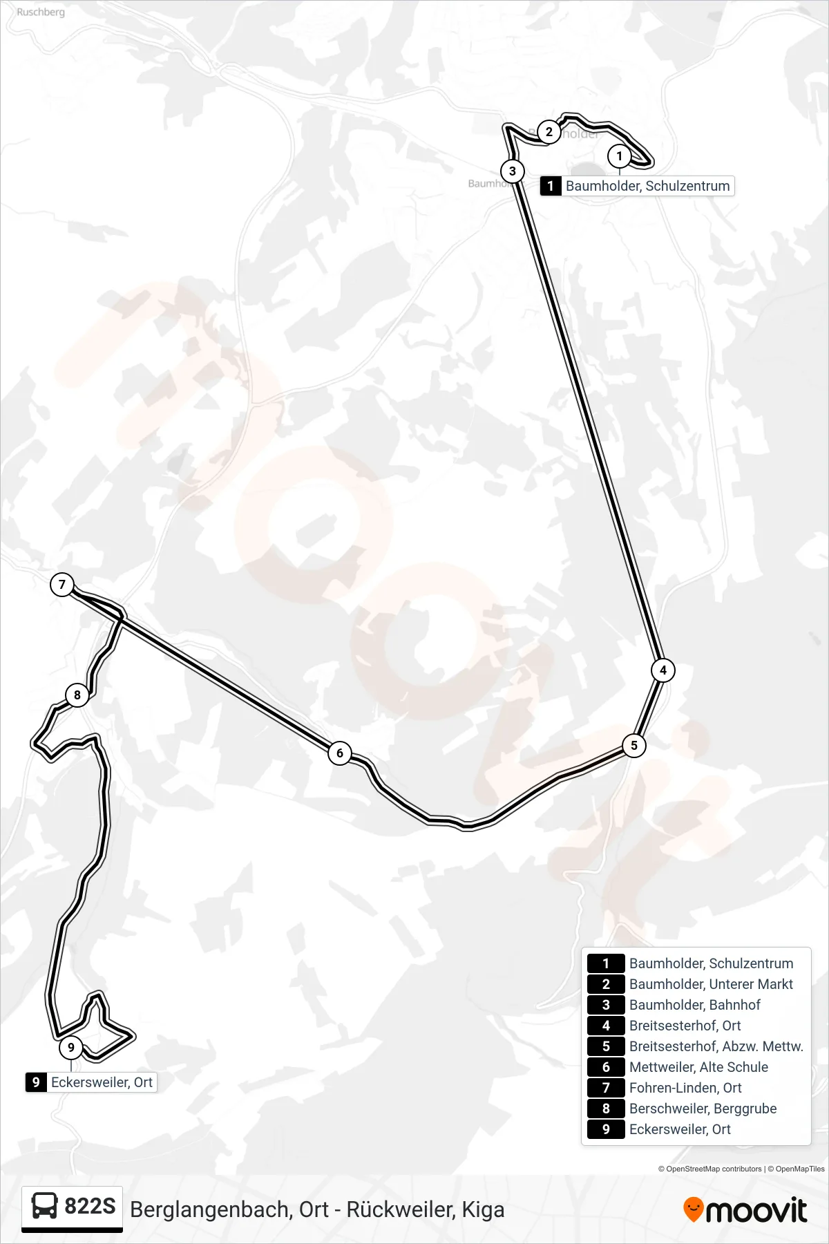 822S bus Line (Eckersweiler, Ort) route and stops on a map