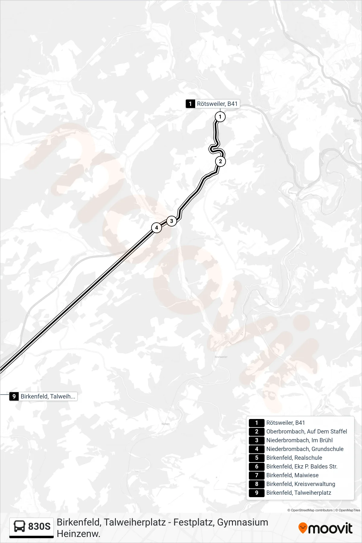 830S bus Line (Birkenfeld, Talweiherplatz) route and stops on a map