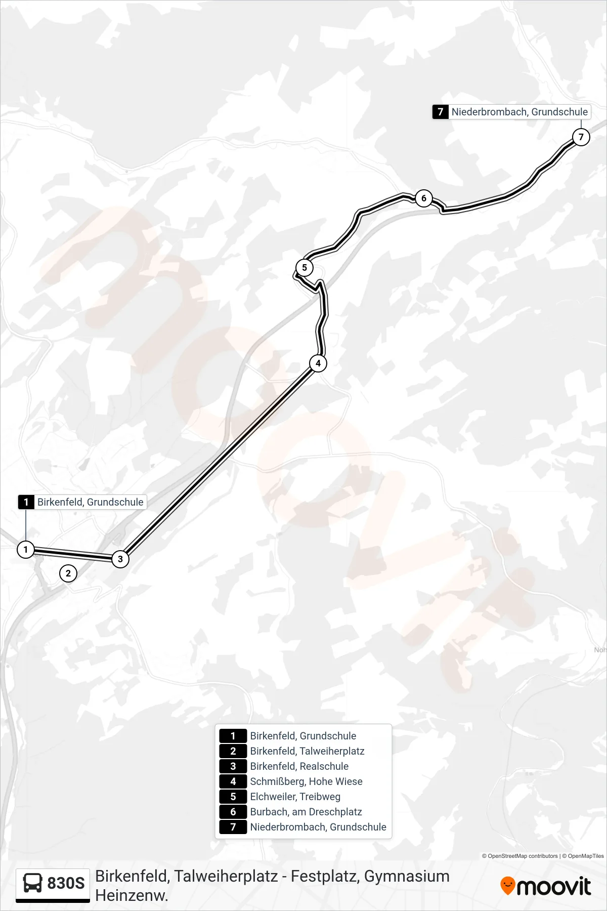 830S bus Line (Niederbrombach, Grundschule) route and stops on a map