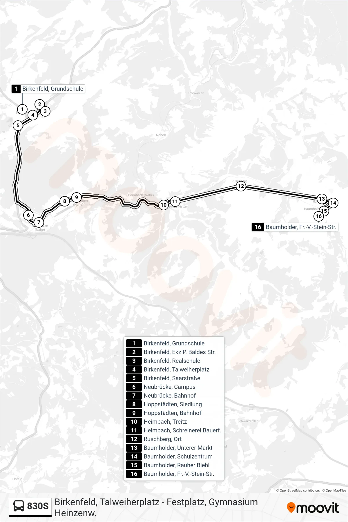 830S bus Line (Baumholder, Fr.-V.-Stein-Str.) route and stops on a map