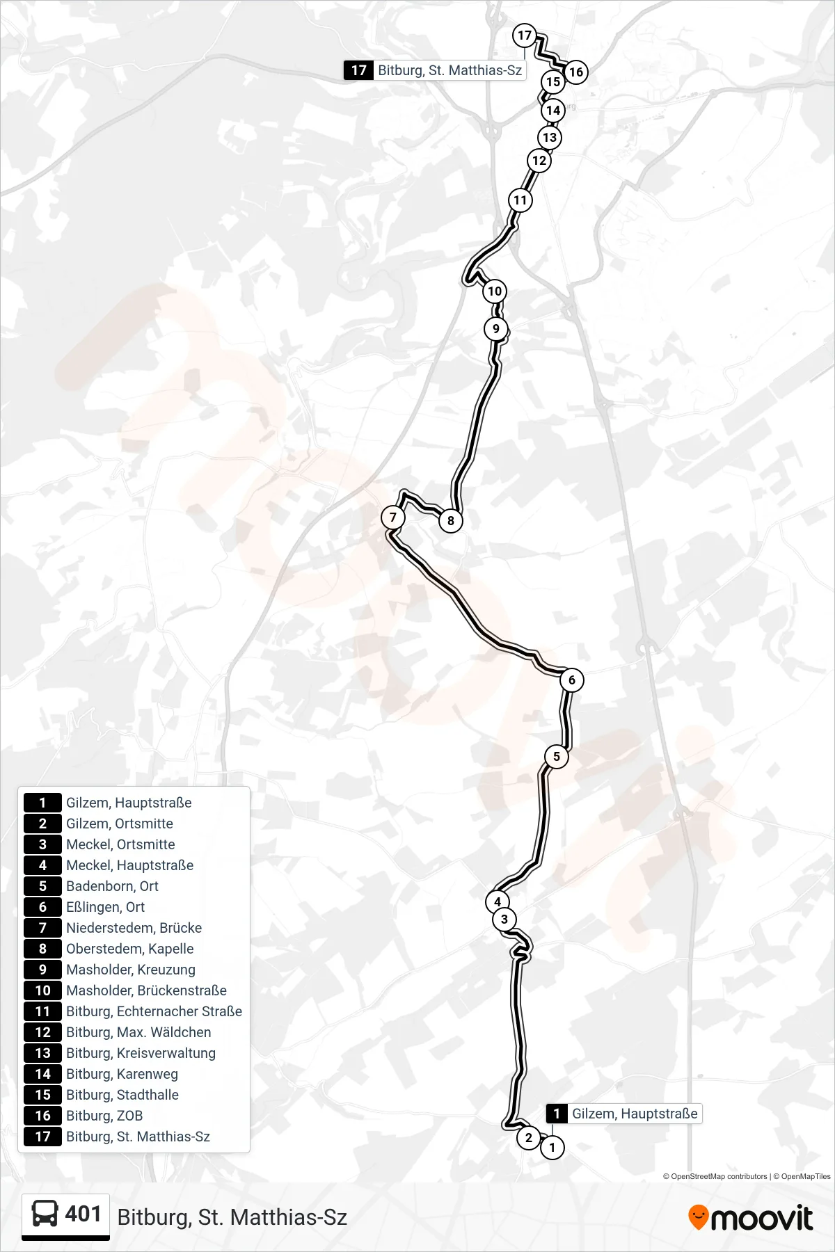 401 bus Line (Bitburg, St. Matthias-Sz) route and stops on a map