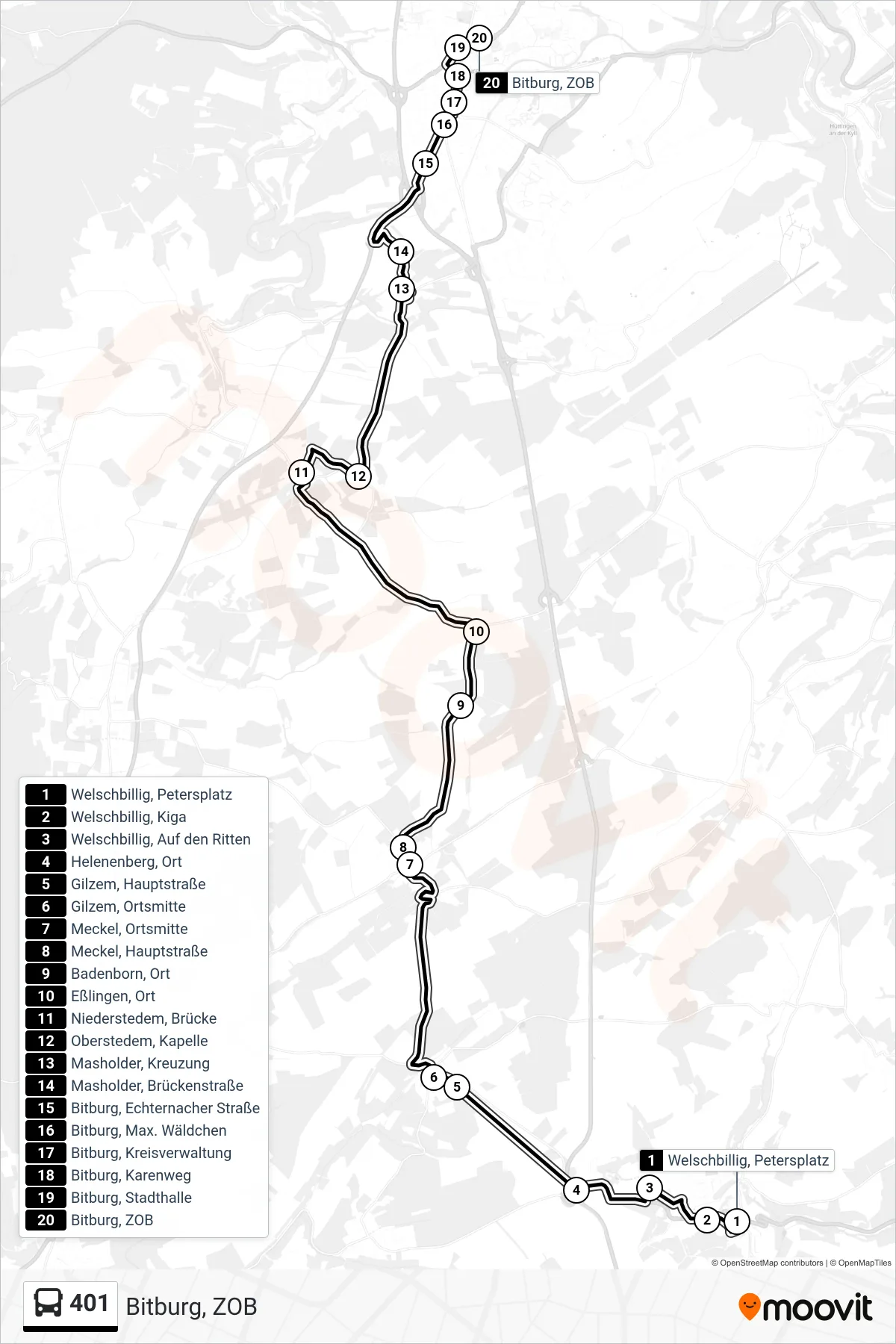 401 bus Line (Bitburg, ZOB) route and stops on a map