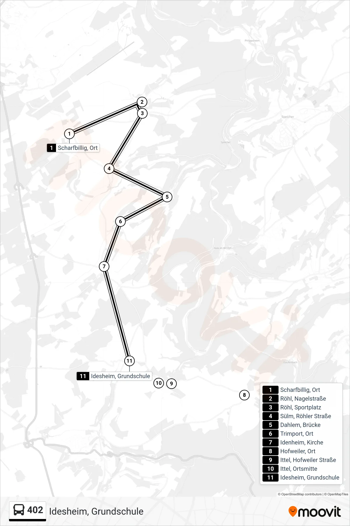402 bus Line (Idesheim, Grundschule) route and stops on a map