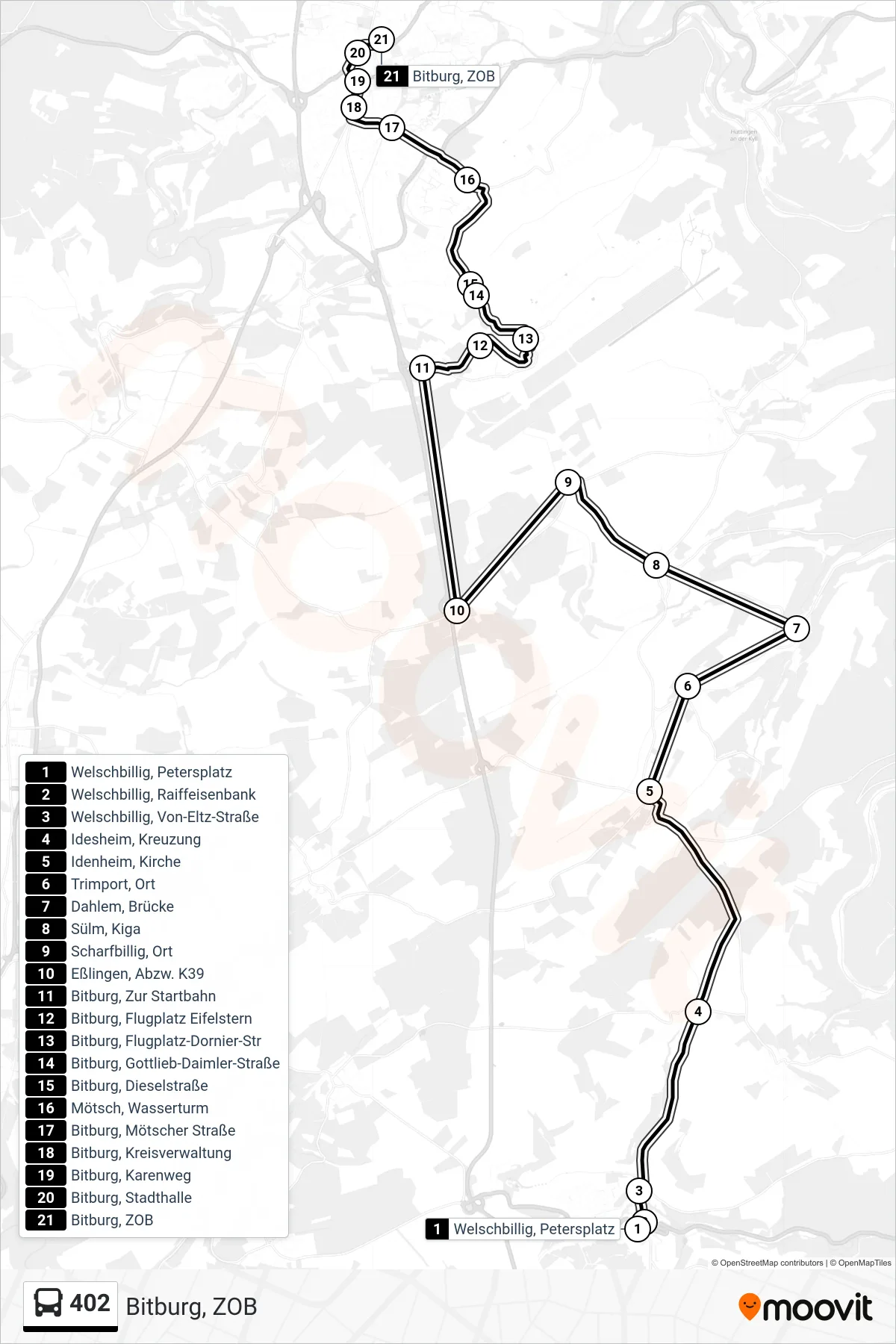 402 bus Line (Bitburg, ZOB) route and stops on a map