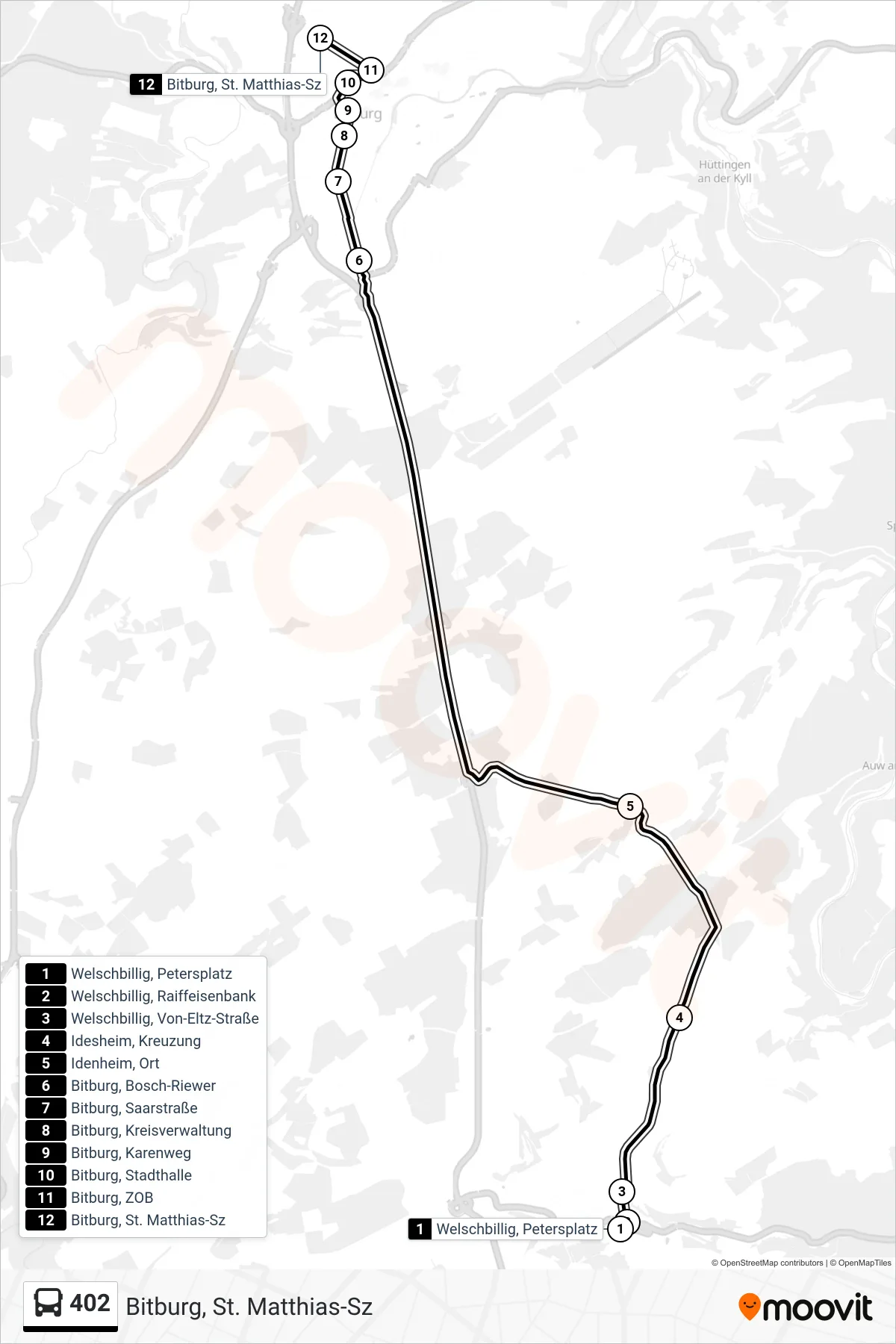 Linie 402 (Bus) Richtung Bitburg, St. Matthias-Sz: Route und Haltestellen auf der Karte