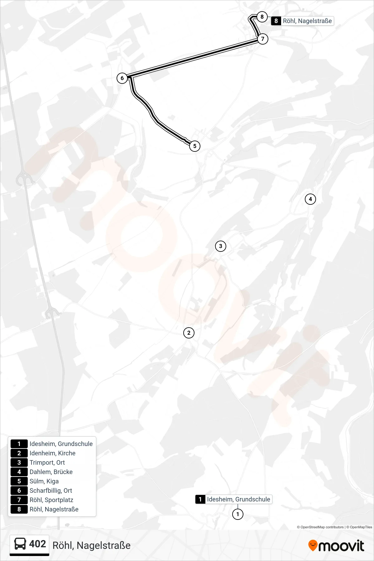 402 bus Line (Röhl, Nagelstraße) route and stops on a map