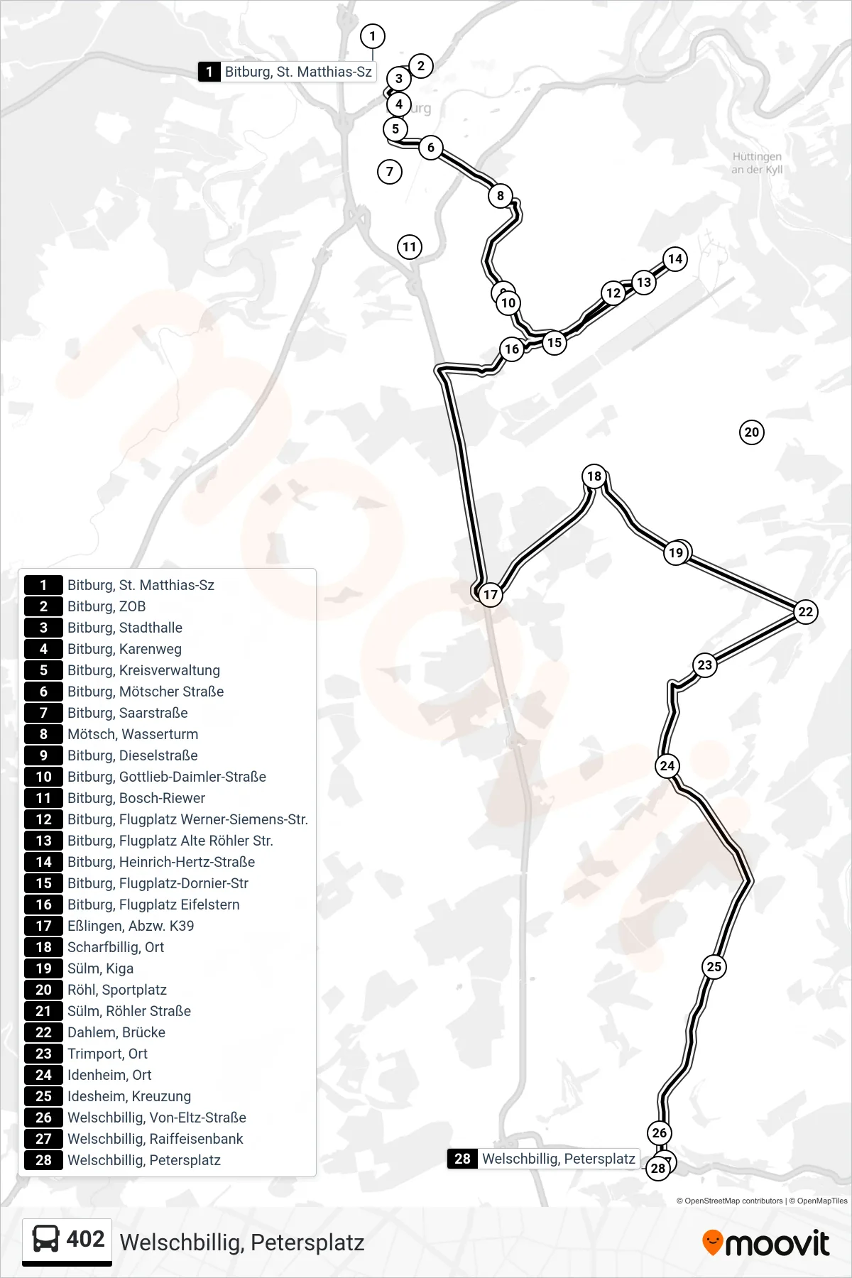 402 bus Line (Welschbillig, Petersplatz) route and stops on a map