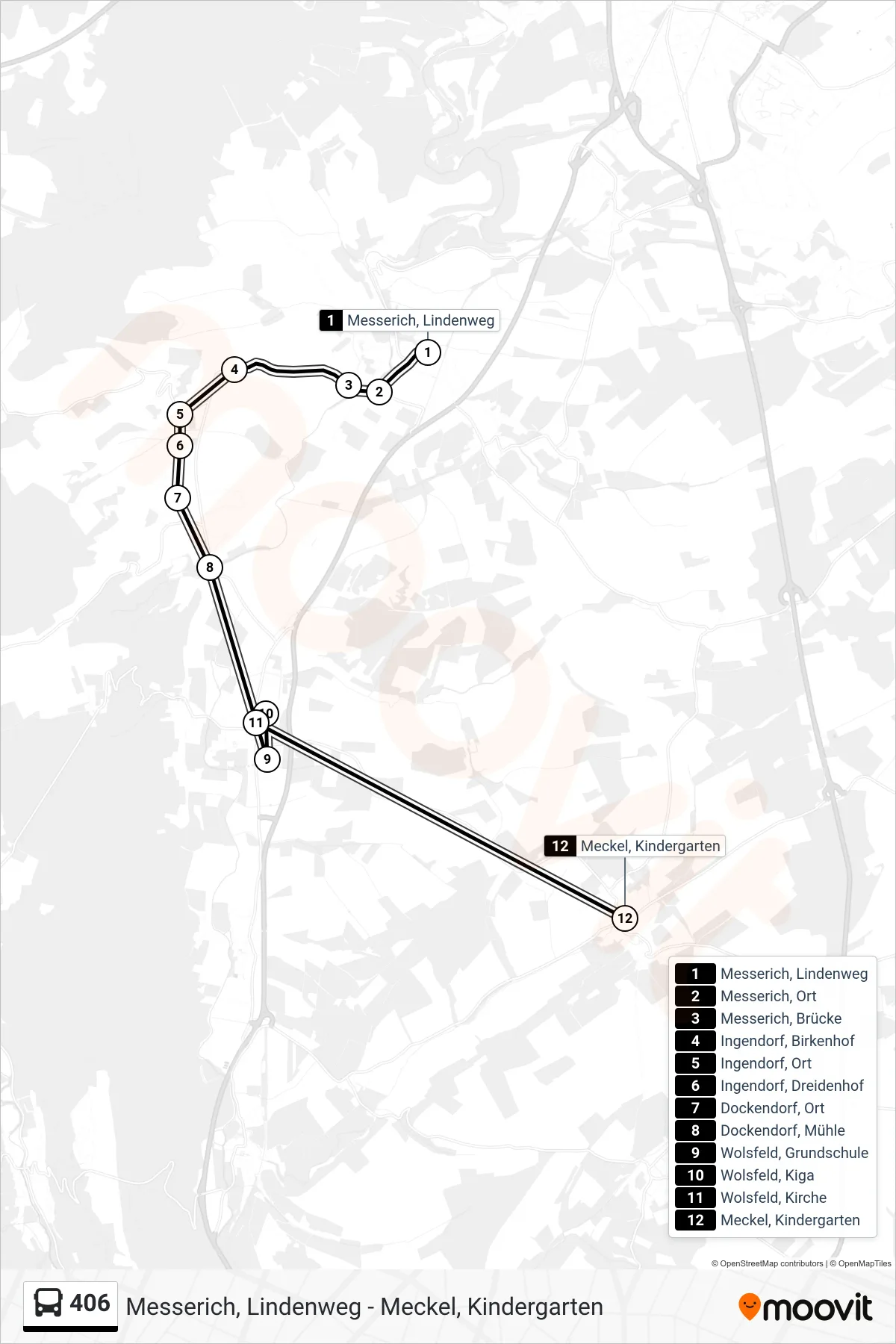 406 bus Line (Meckel, Kindergarten) route and stops on a map