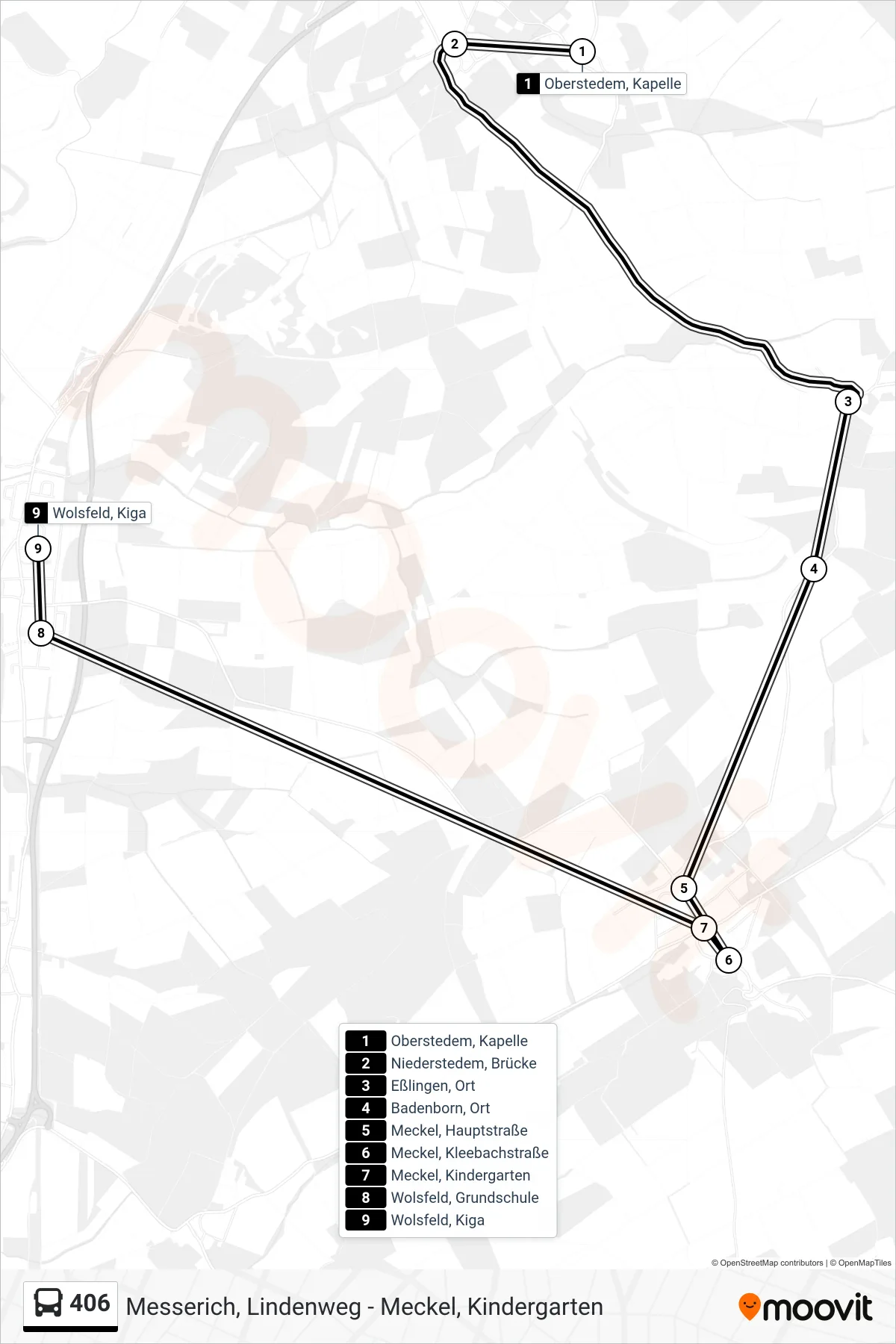 406 bus Line (Wolsfeld, Kiga) route and stops on a map