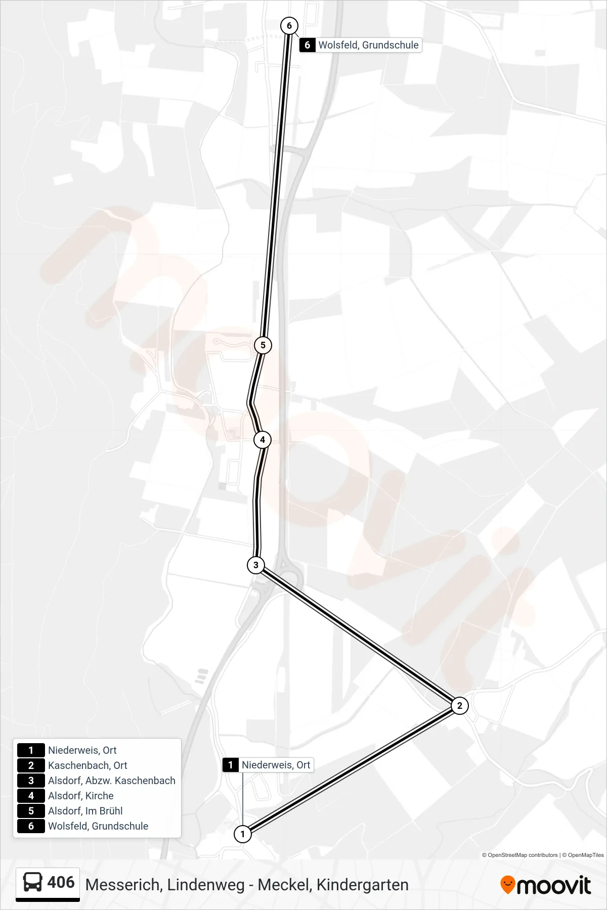 406 bus Line (Wolsfeld, Grundschule) route and stops on a map