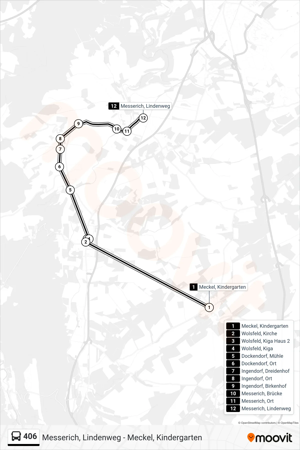 406 bus Line (Messerich, Lindenweg) route and stops on a map
