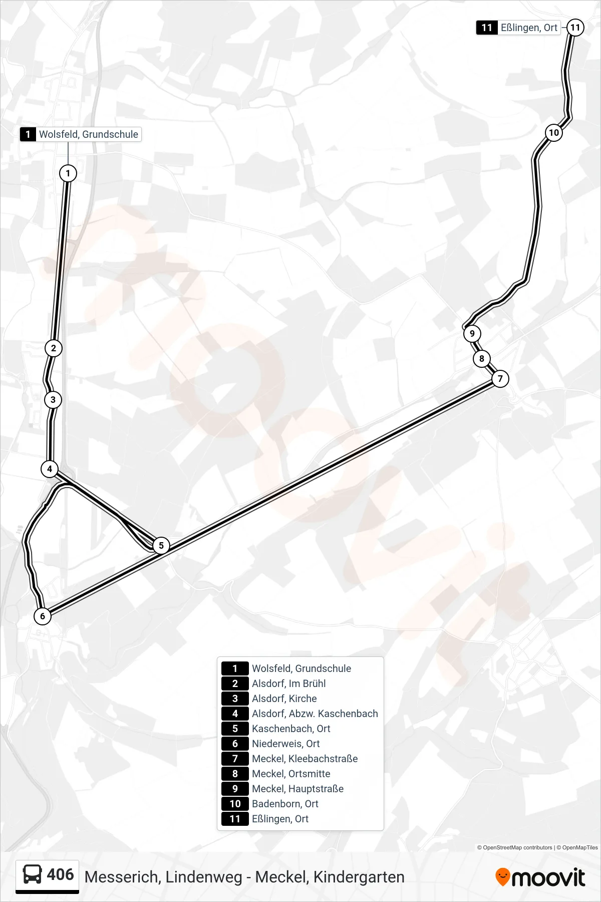 406 bus Line (Eßlingen, Ort) route and stops on a map