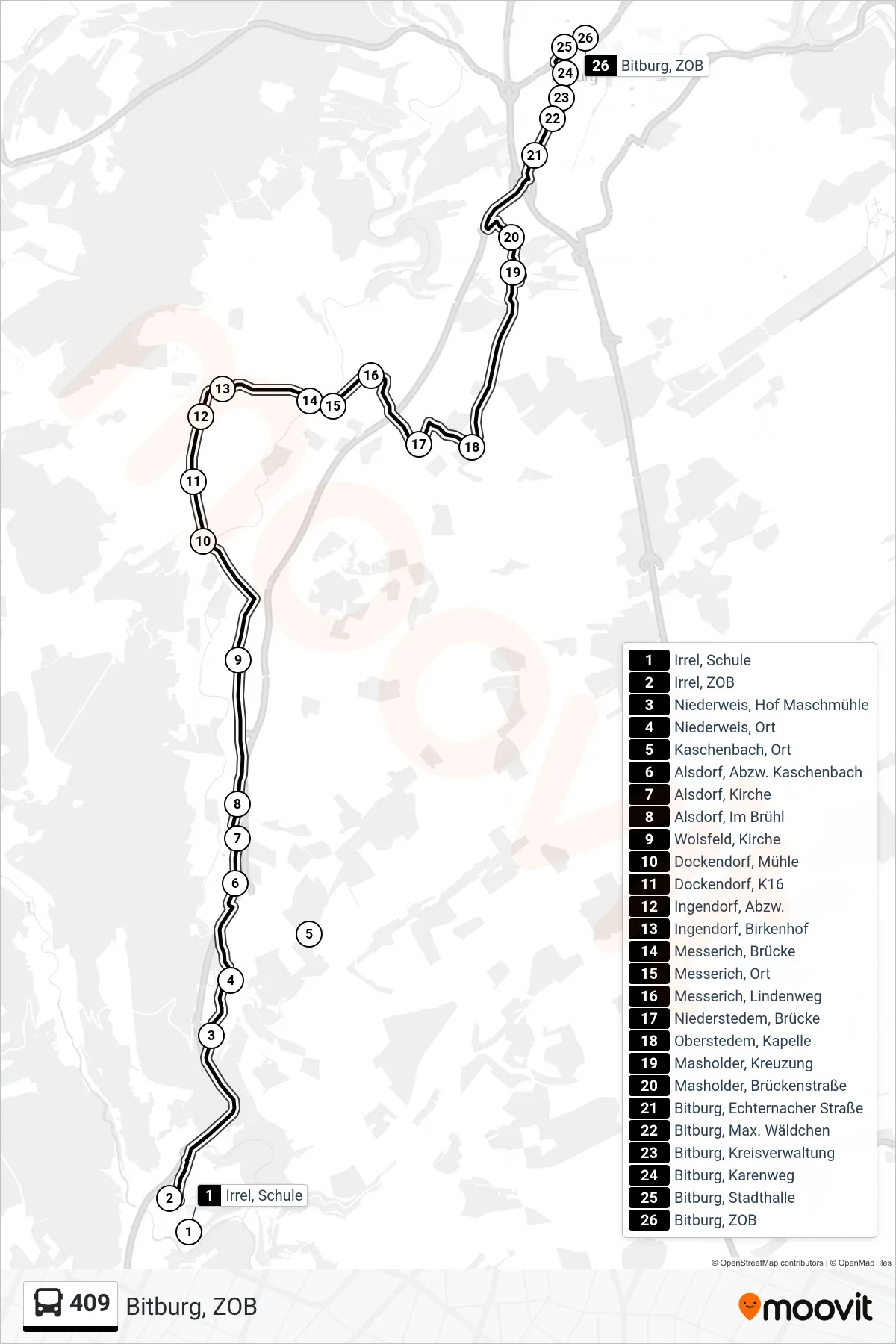 409 bus Line (Bitburg, ZOB) route and stops on a map