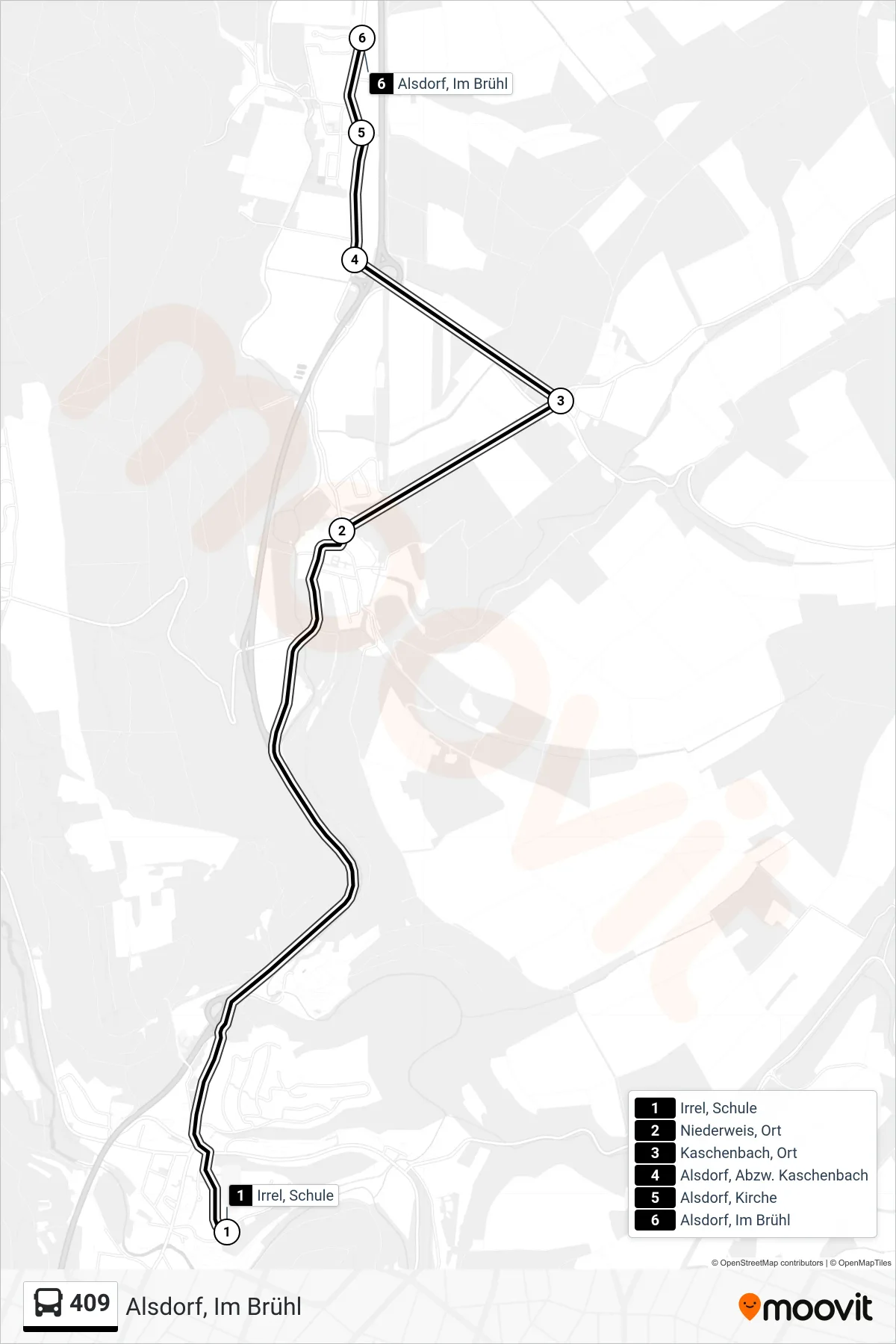 409 bus Line (Alsdorf, Im Brühl) route and stops on a map