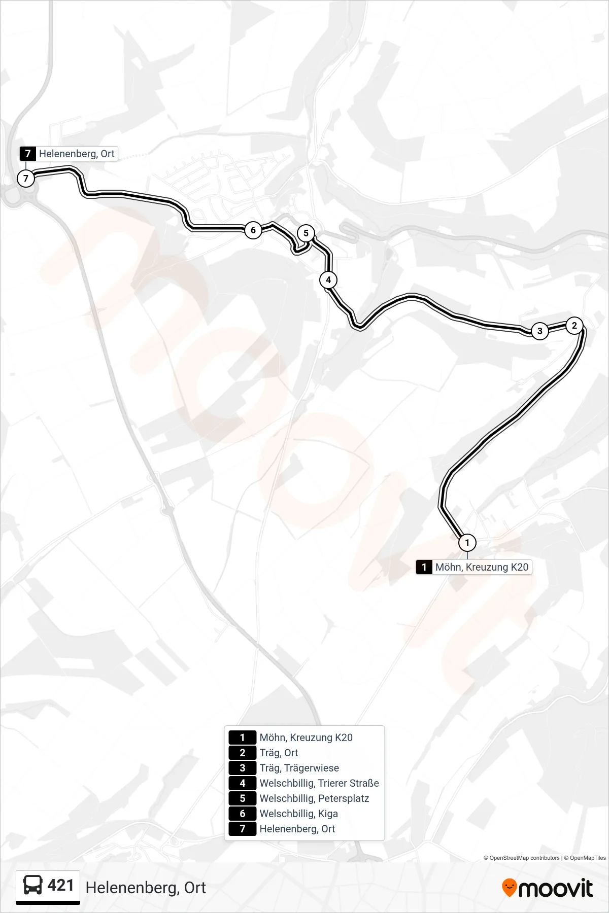 Linie 421 (Bus) Richtung Helenenberg, Ort: Route und Haltestellen auf der Karte