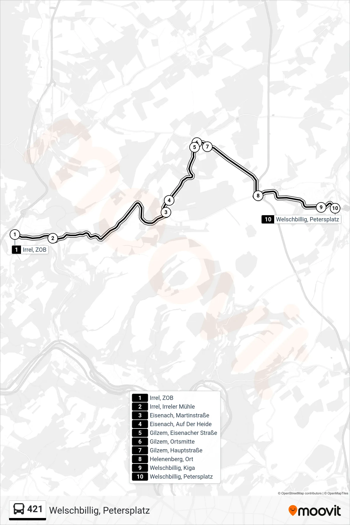 421 bus Line (Welschbillig, Petersplatz) route and stops on a map