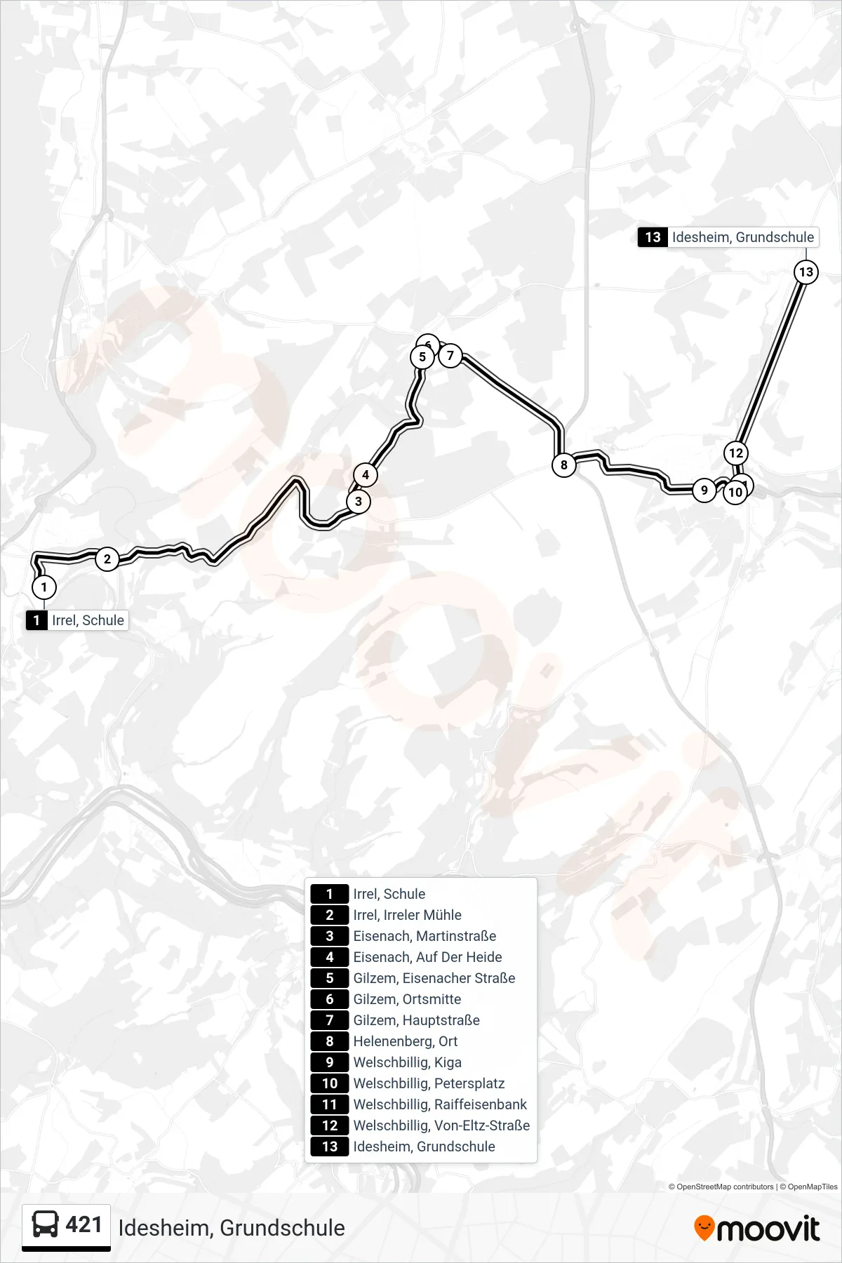 421 bus Line (Idesheim, Grundschule) route and stops on a map