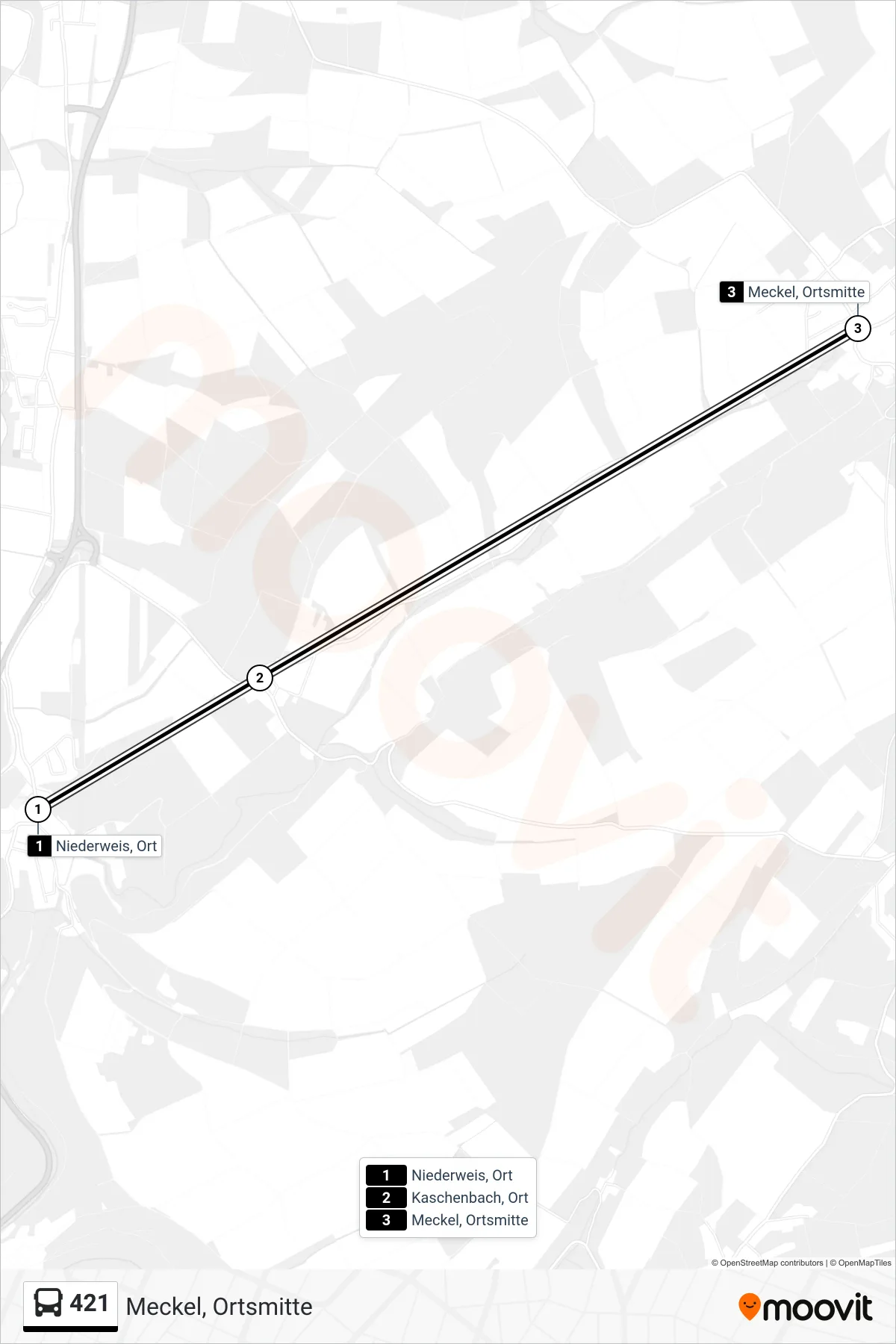 421 bus Line (Meckel, Ortsmitte) route and stops on a map