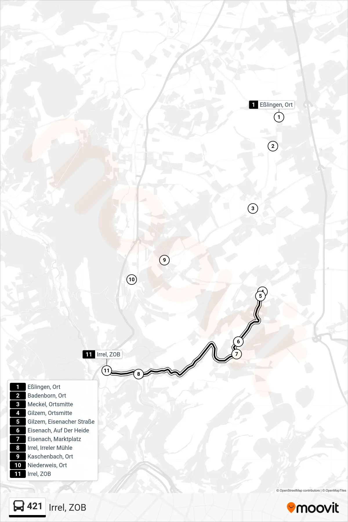 421 bus Line (Irrel, ZOB) route and stops on a map