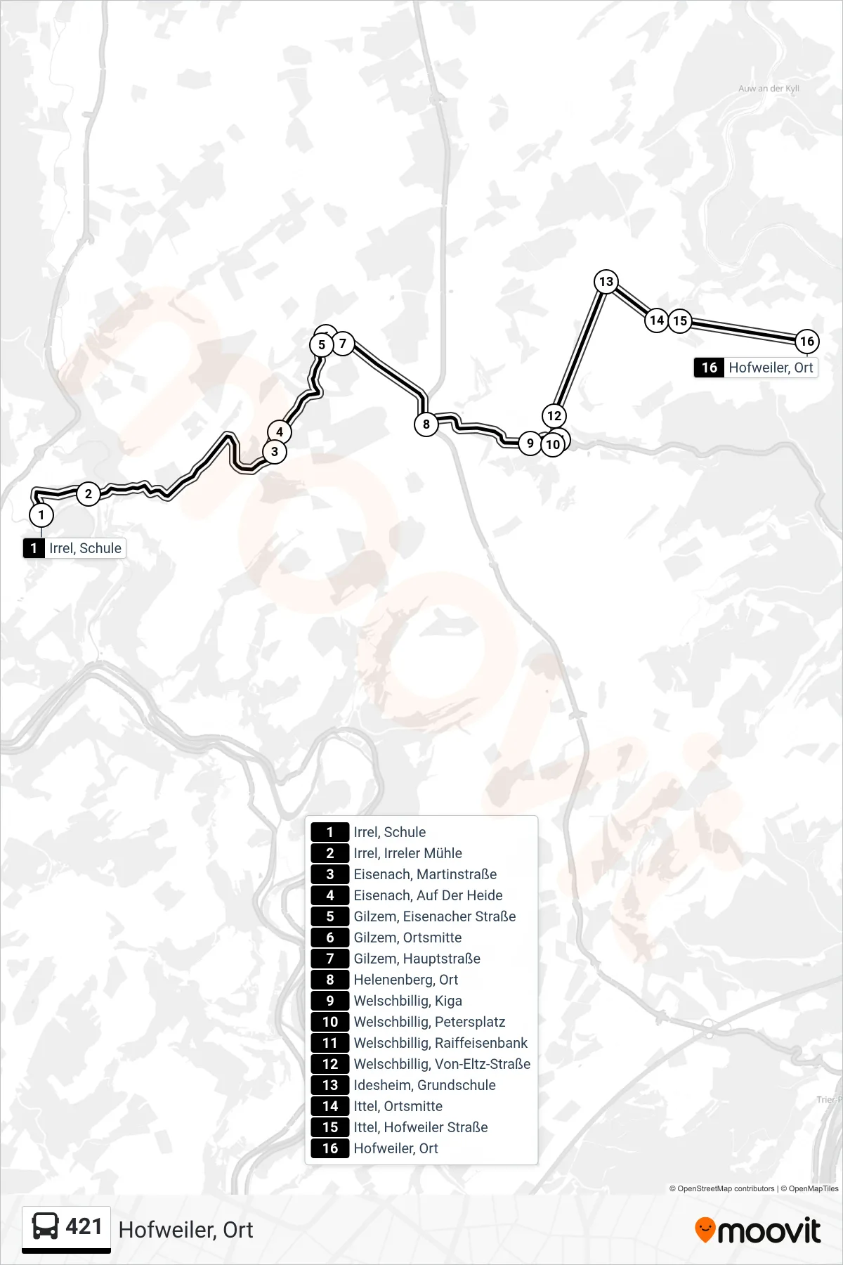 421 bus Line (Hofweiler, Ort) route and stops on a map
